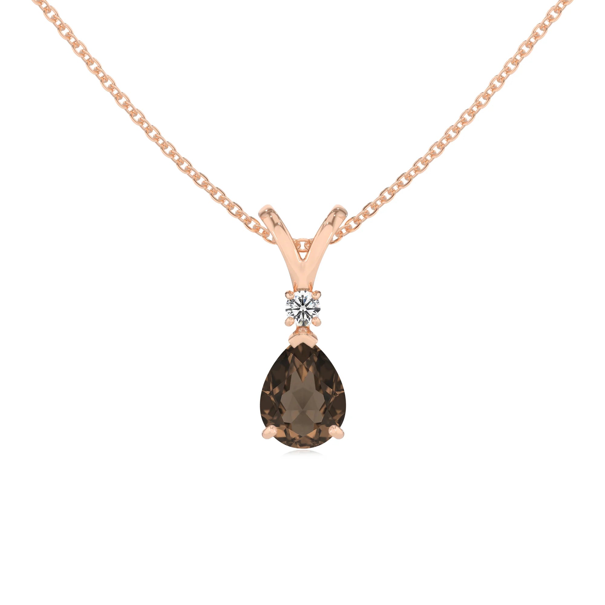 natural smoky-quartz pear solitaire v-bale necklaces in rose gold