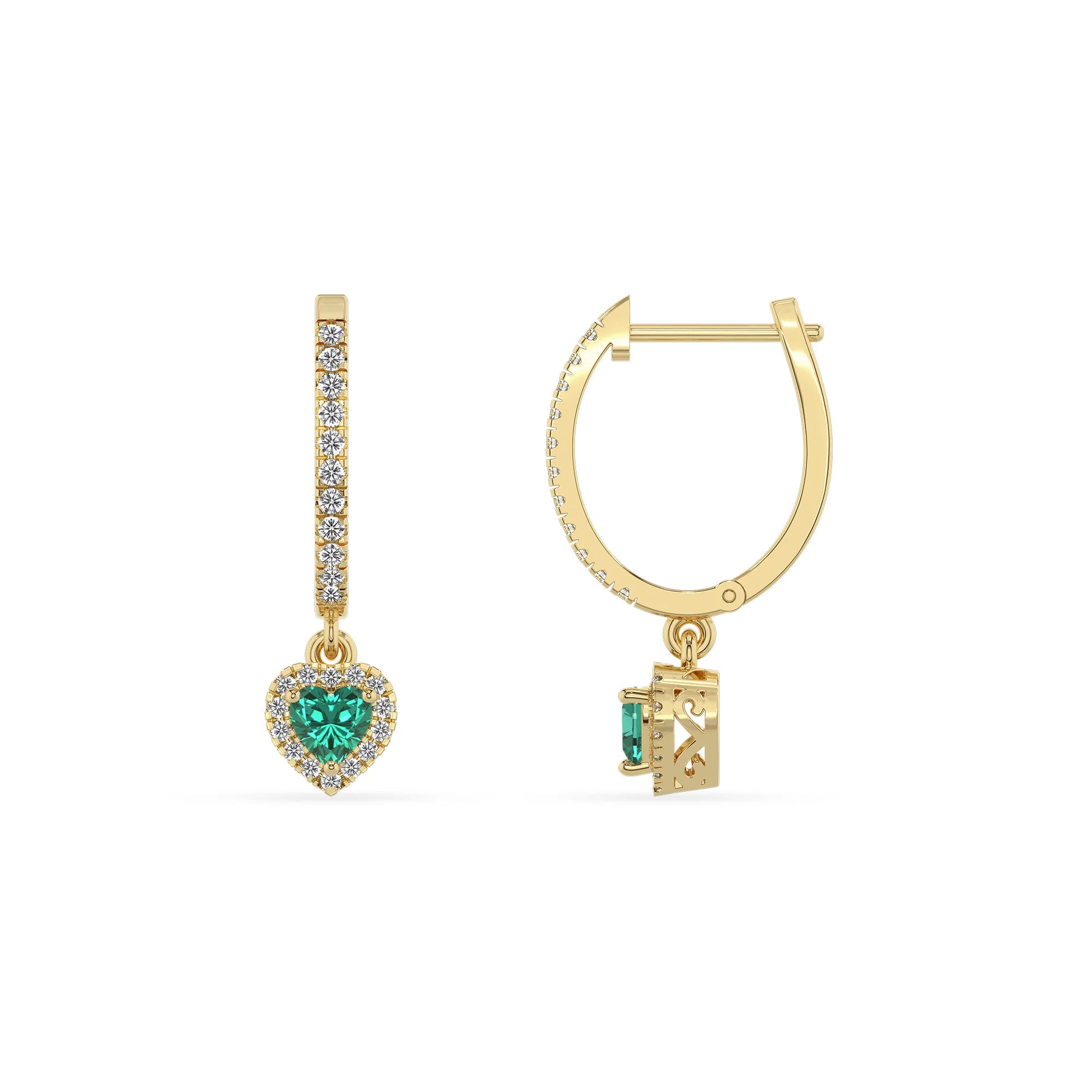lab grown emerald heart drop earrings in yellow gold
