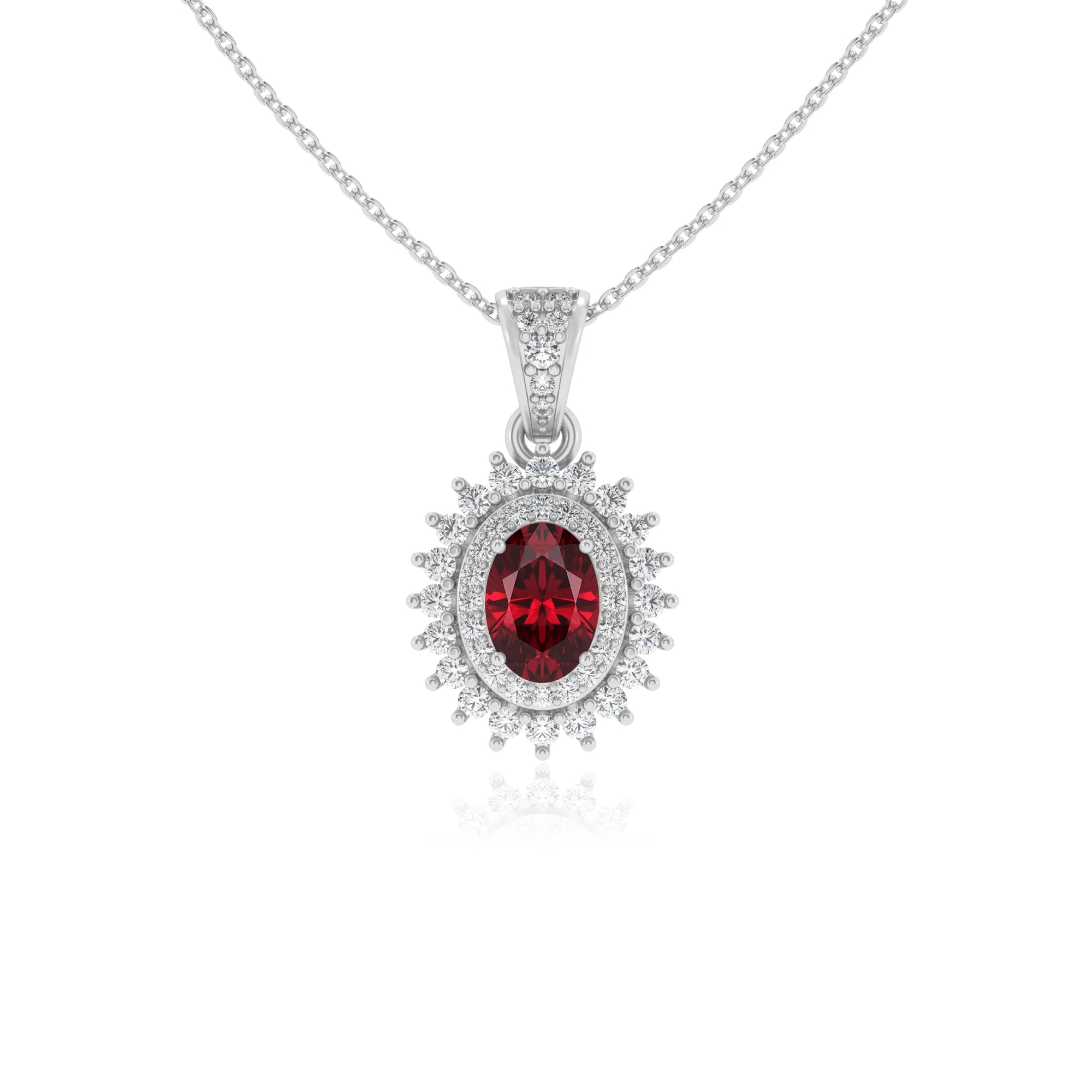 lab grown ruby oval halo necklaces in platinum
