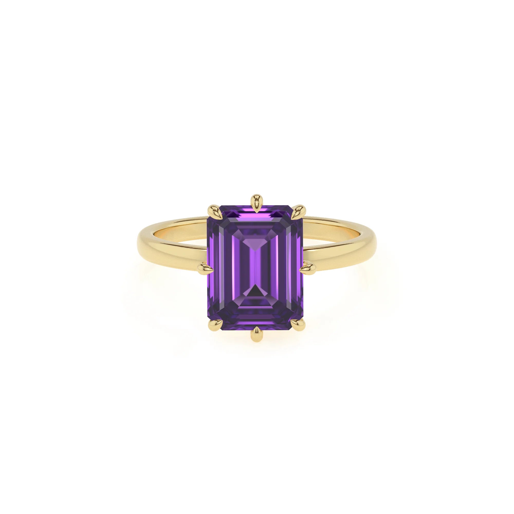 lab grown amethyst emerald cut solitaire rings in yellow gold
