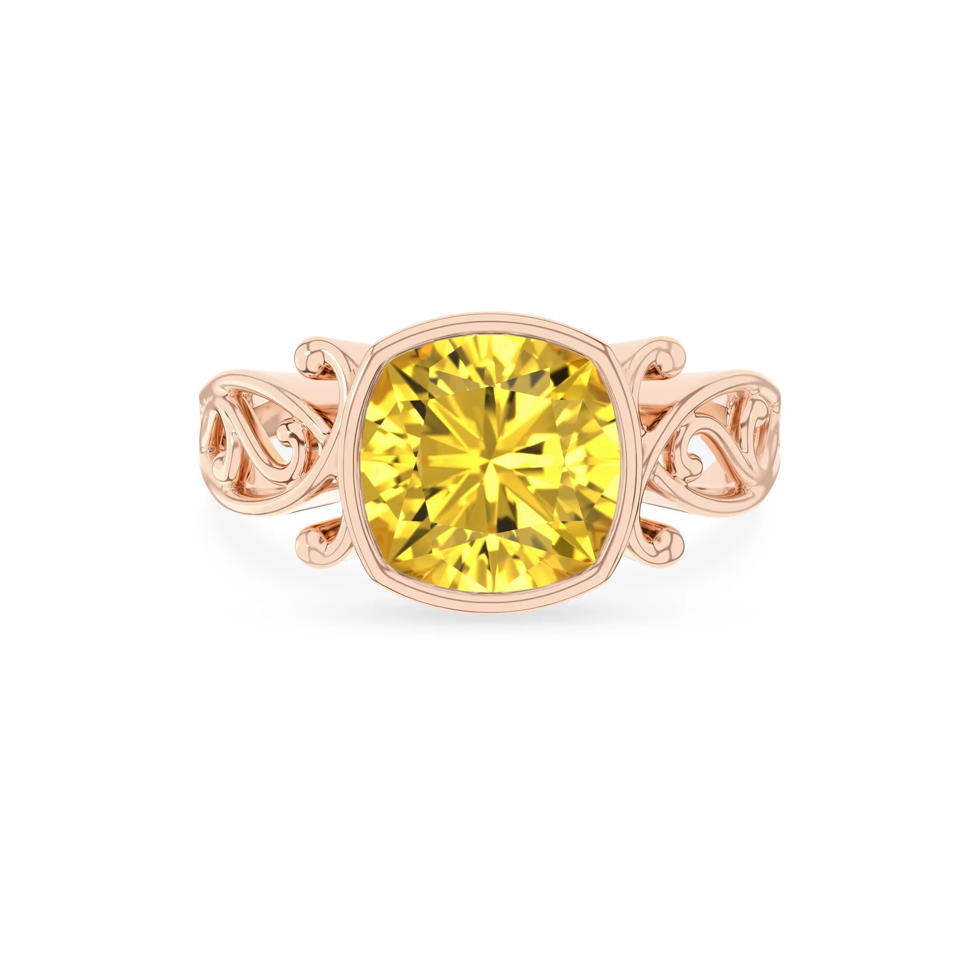 lab grown yellow-sapphire cushion solitaire rings in rose gold