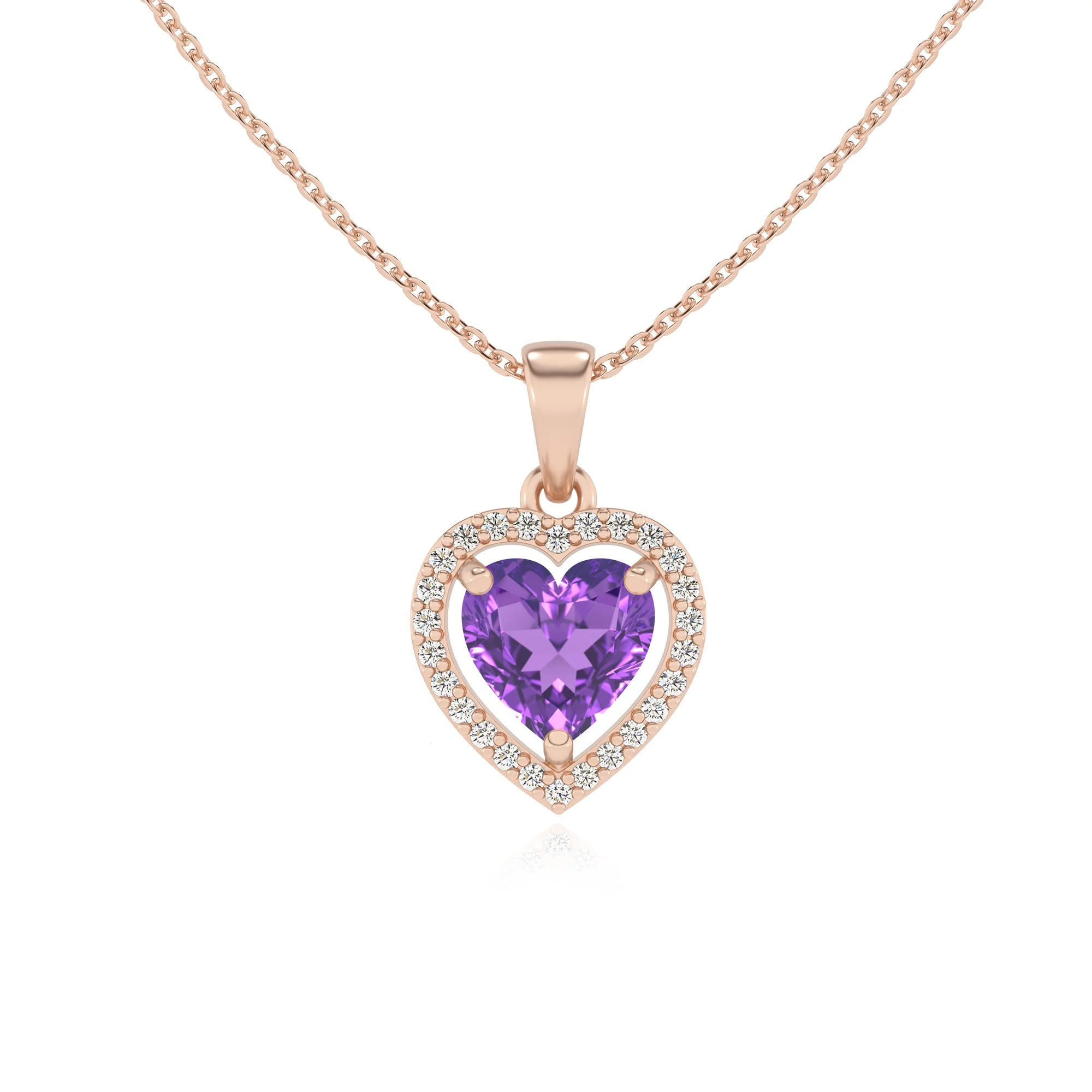 lab grown amethyst heart solitaire necklaces in rose gold
