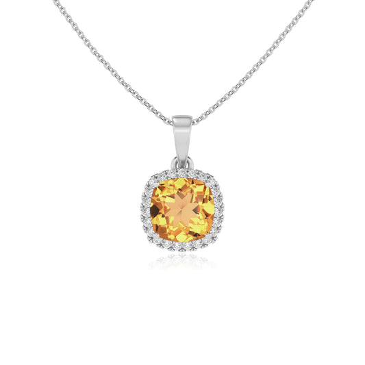 lab grown citrine cushion solitaire necklaces in sterling silver