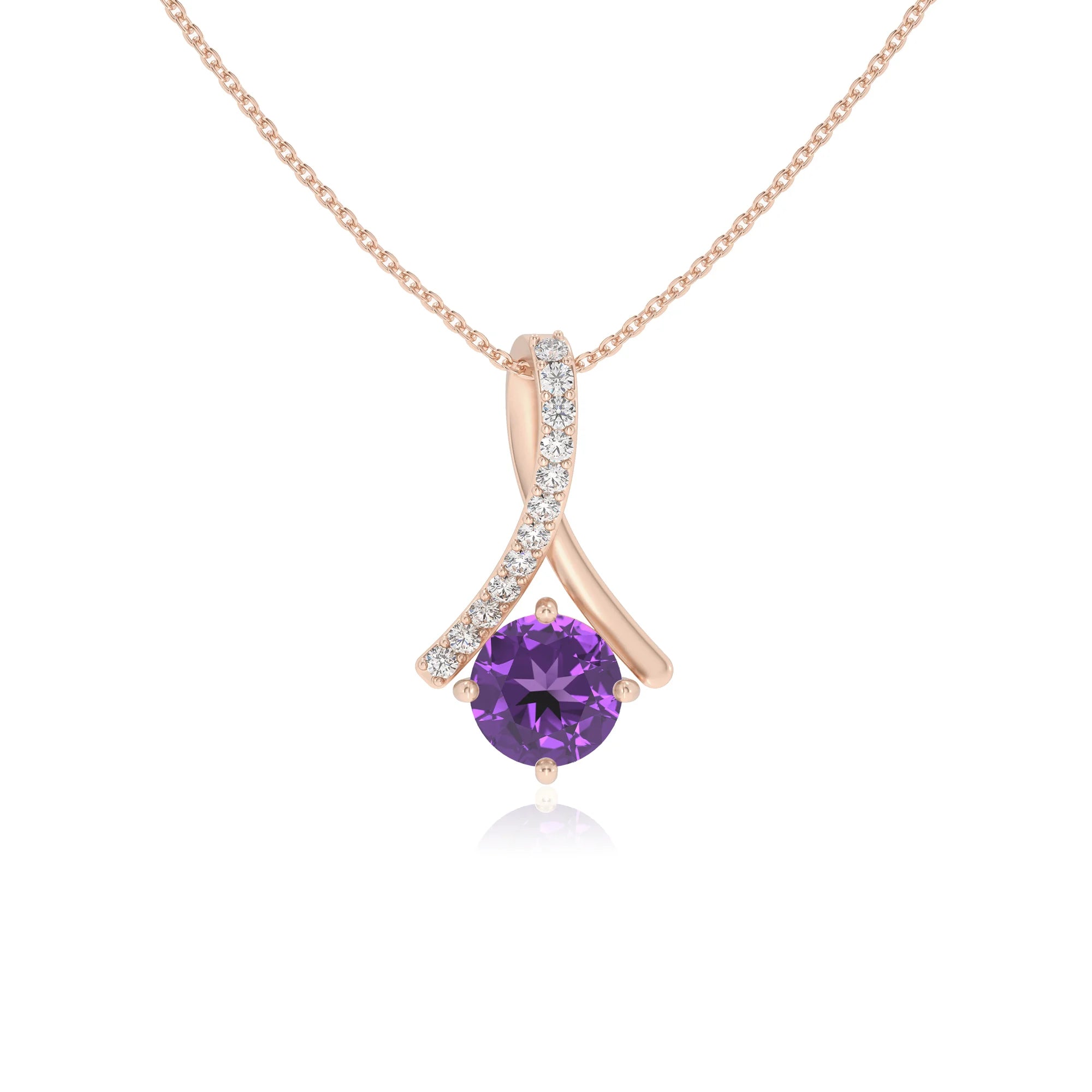 lab grown amethyst round solitaire necklaces in rose gold