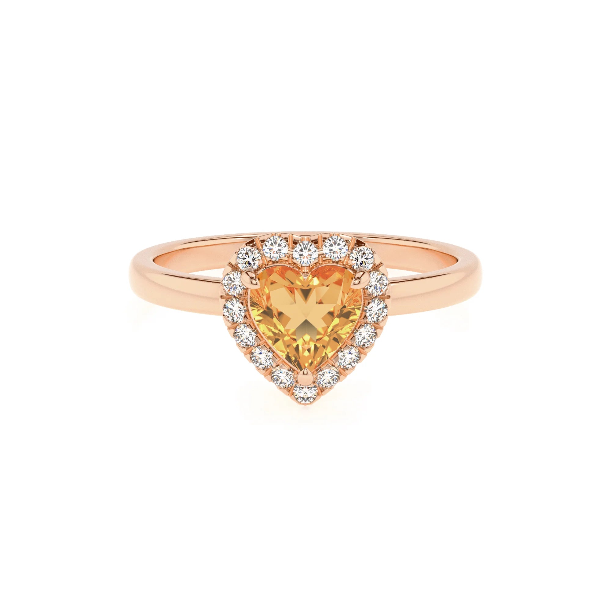 lab grown citrine heart solitaire rings in rose gold