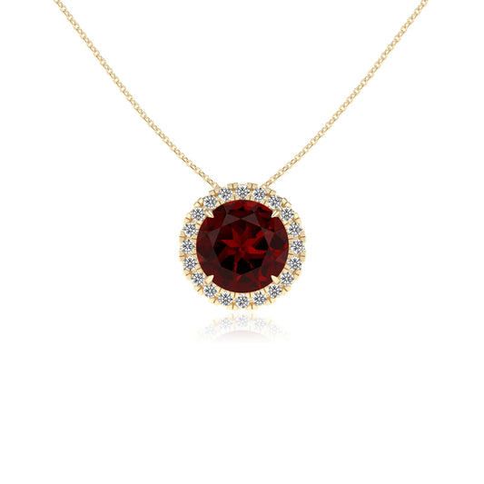 natural garnet round solitaire necklaces in yellow gold