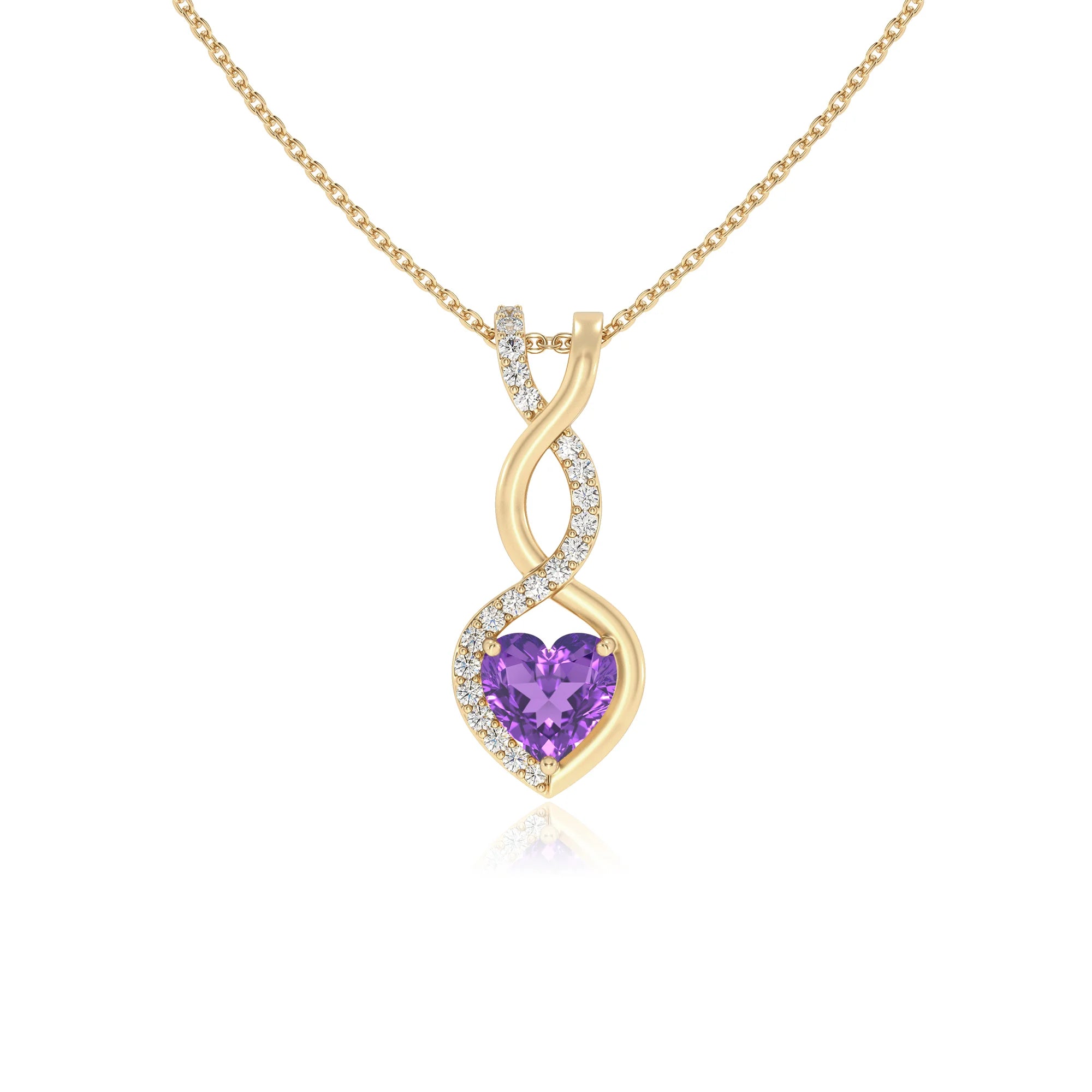 lab grown amethyst heart infinity necklaces in yellow gold