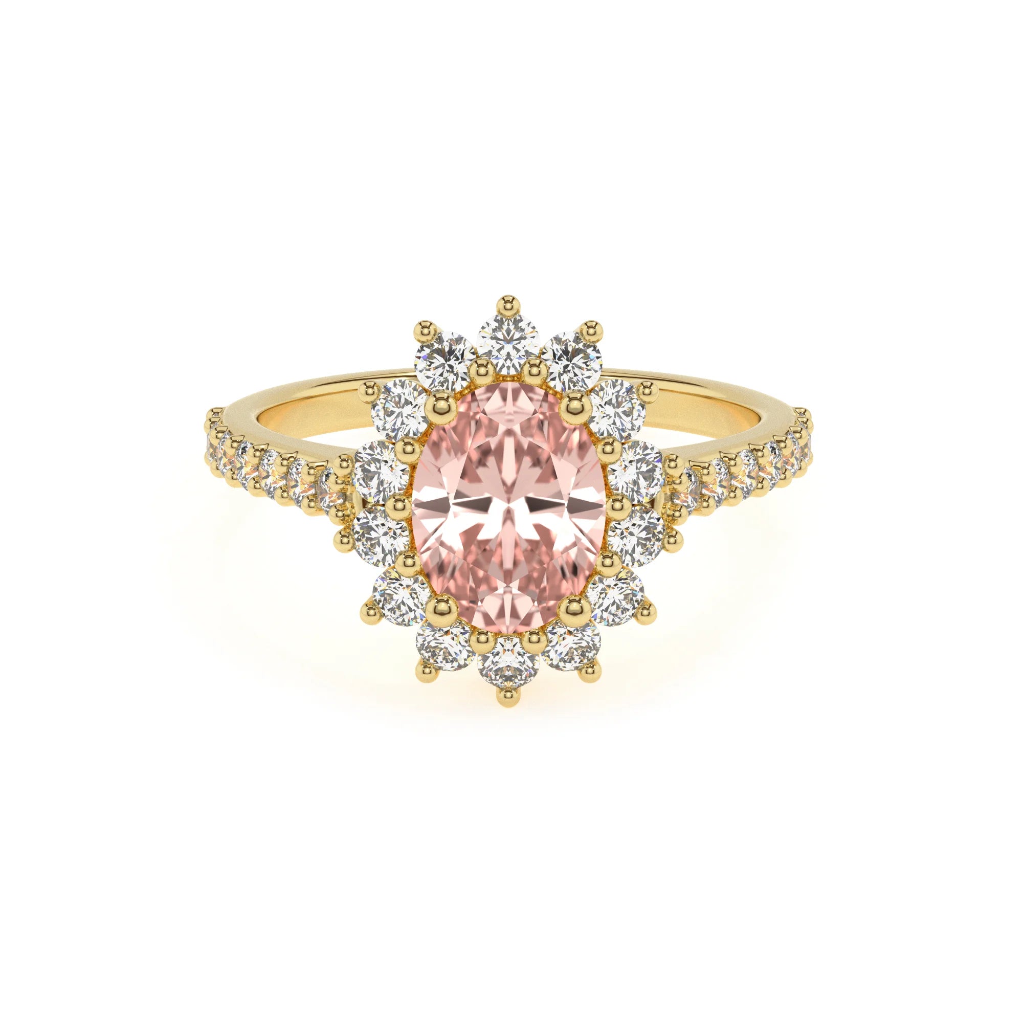 lab grown morganite oval solitaire rings in yellow gold