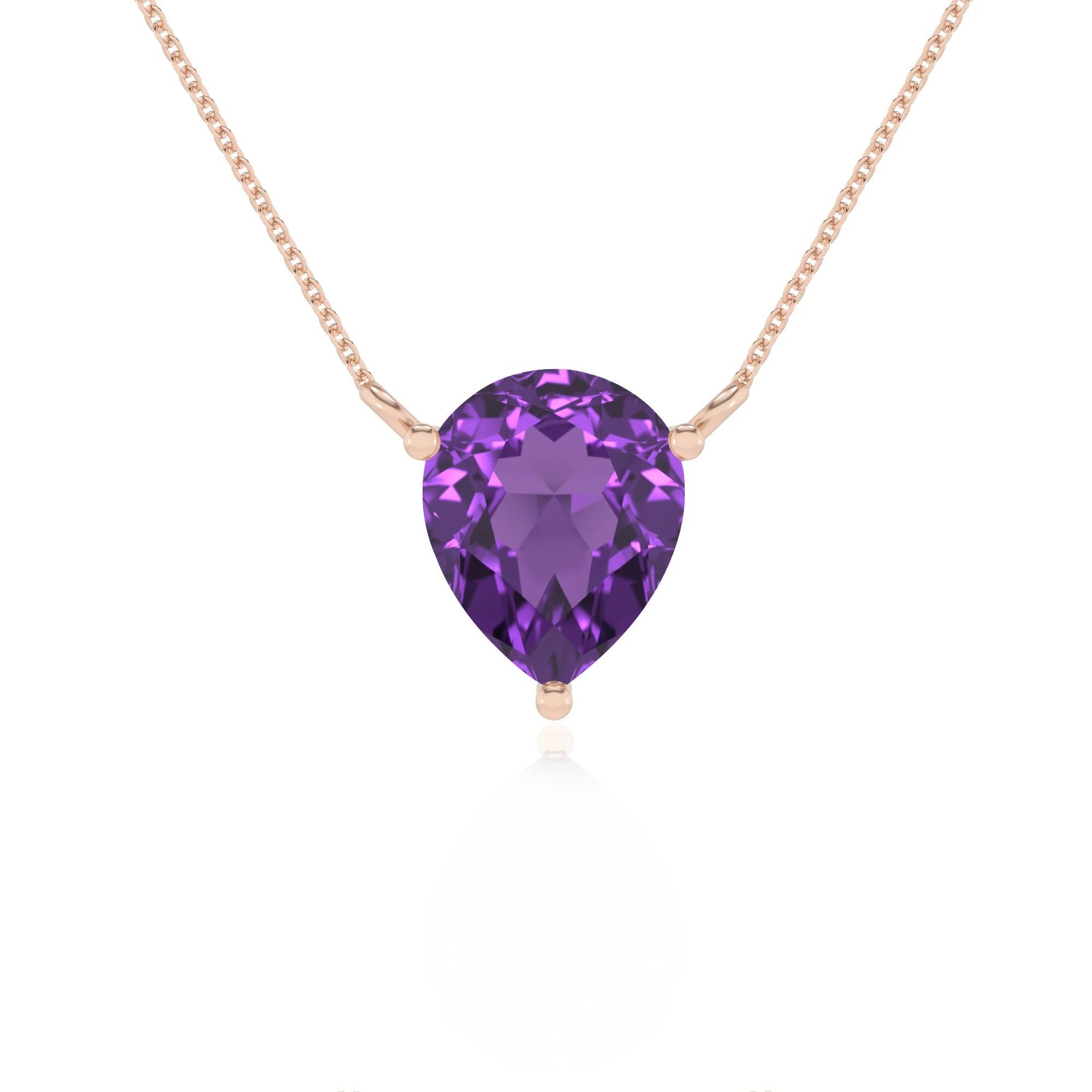 lab grown amethyst pear solitaire necklaces in rose gold