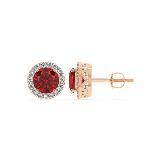lab grown ruby round stud earrings in rose gold