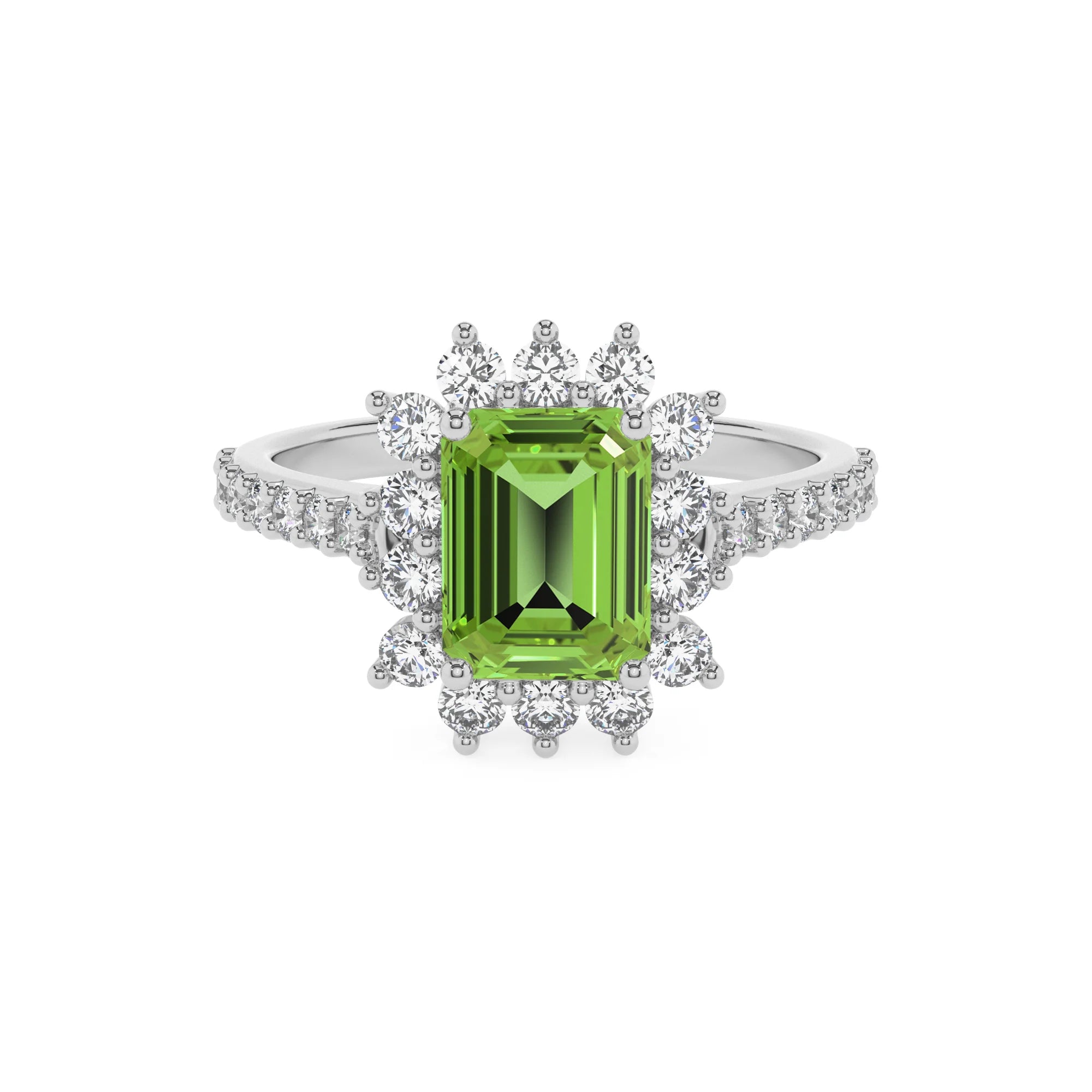 natural peridot emerald cut solitaire rings in platinum