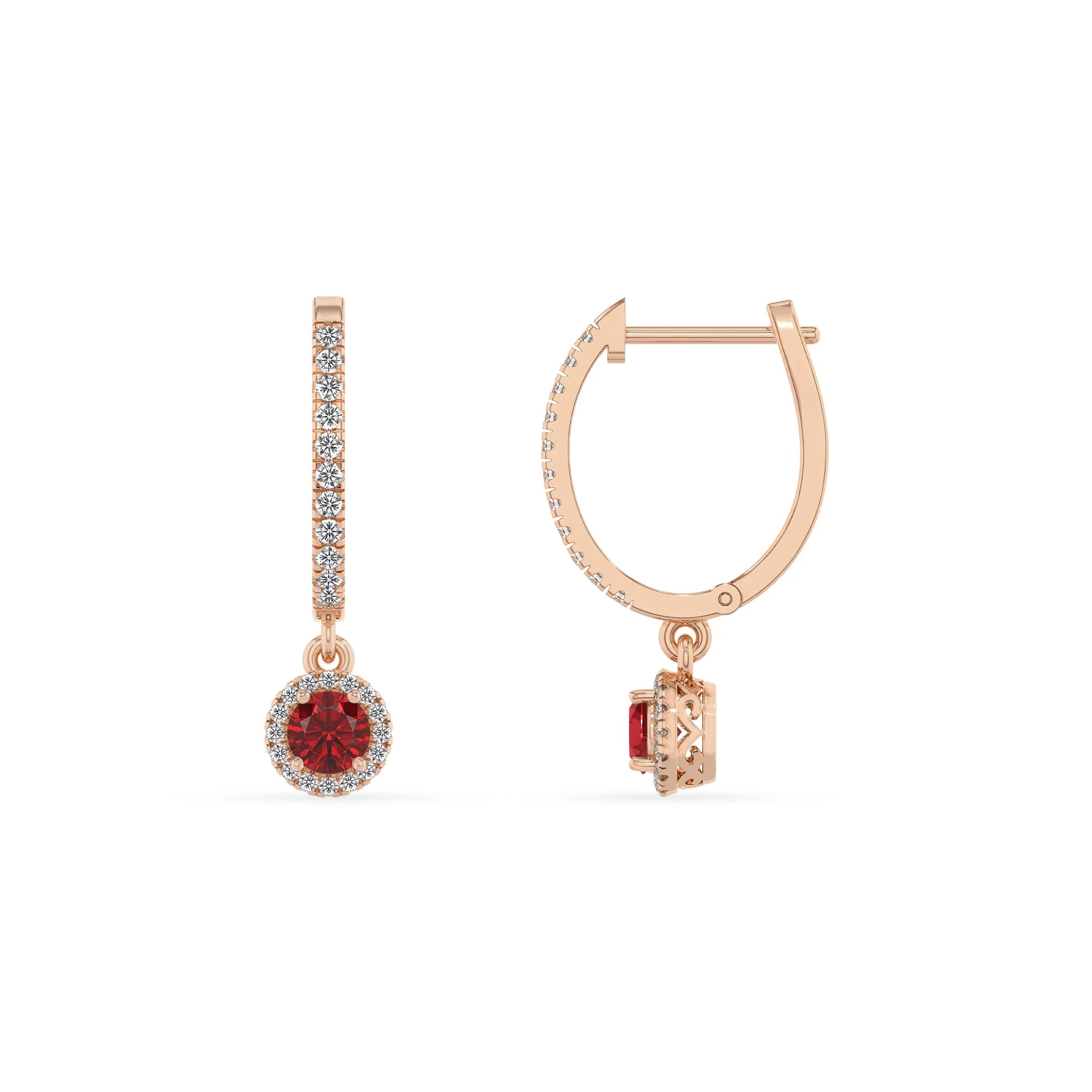 lab grown ruby round drop earrings in rose gold