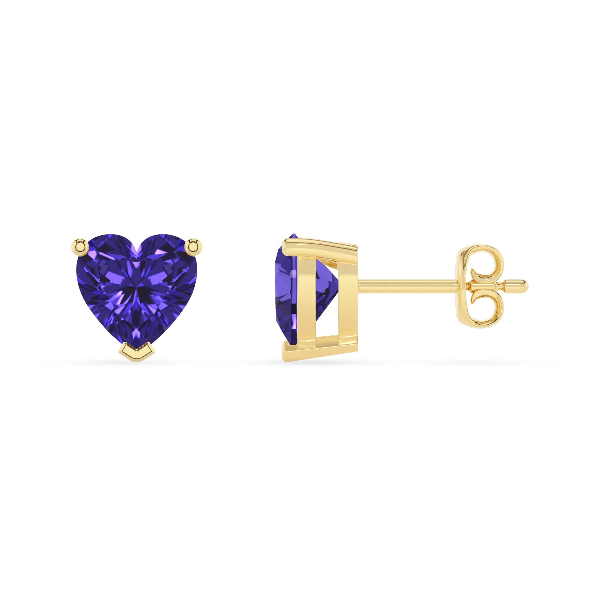 lab grown tanzanite heart stud earrings in yellow gold