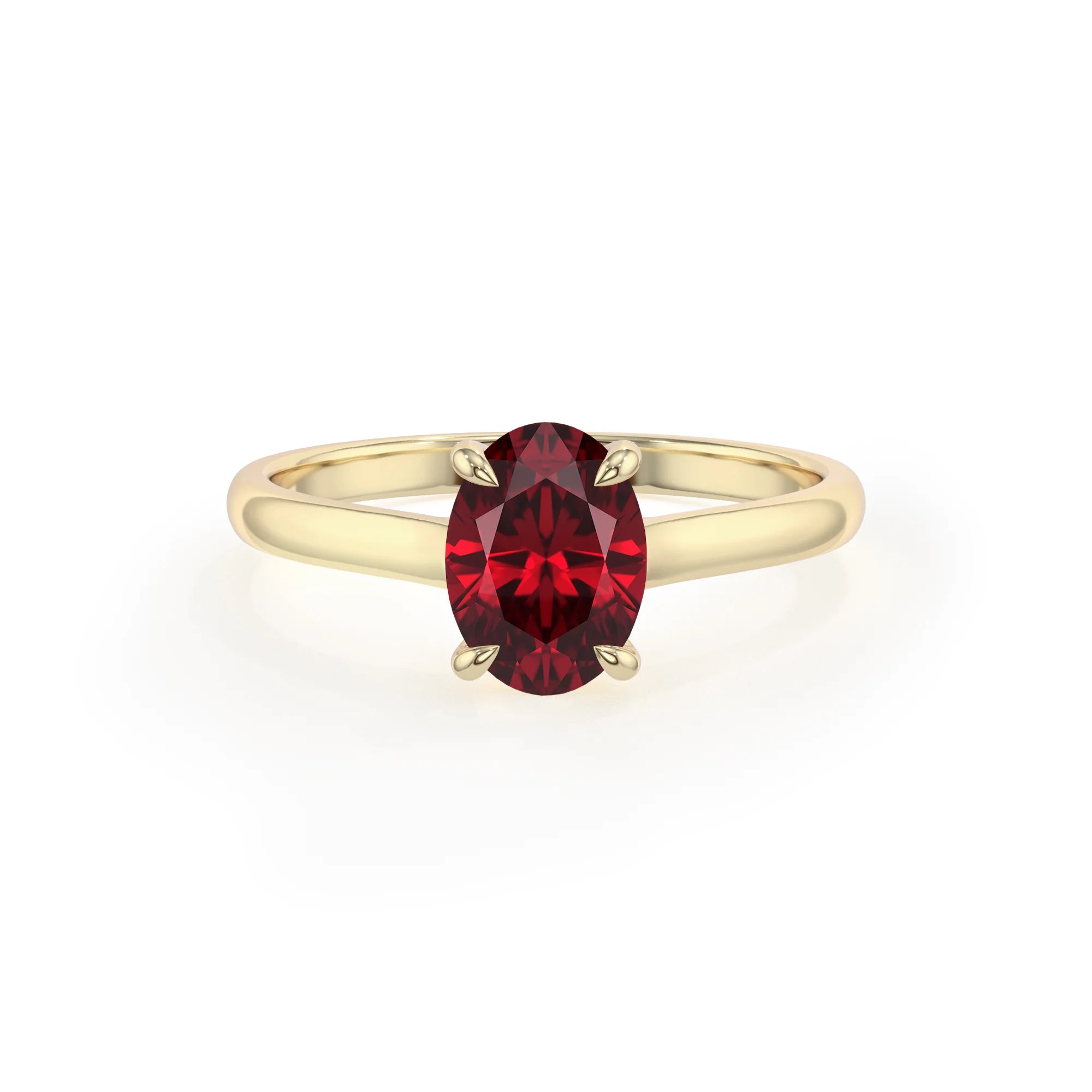 lab grown ruby oval solitaire rings in yellow gold