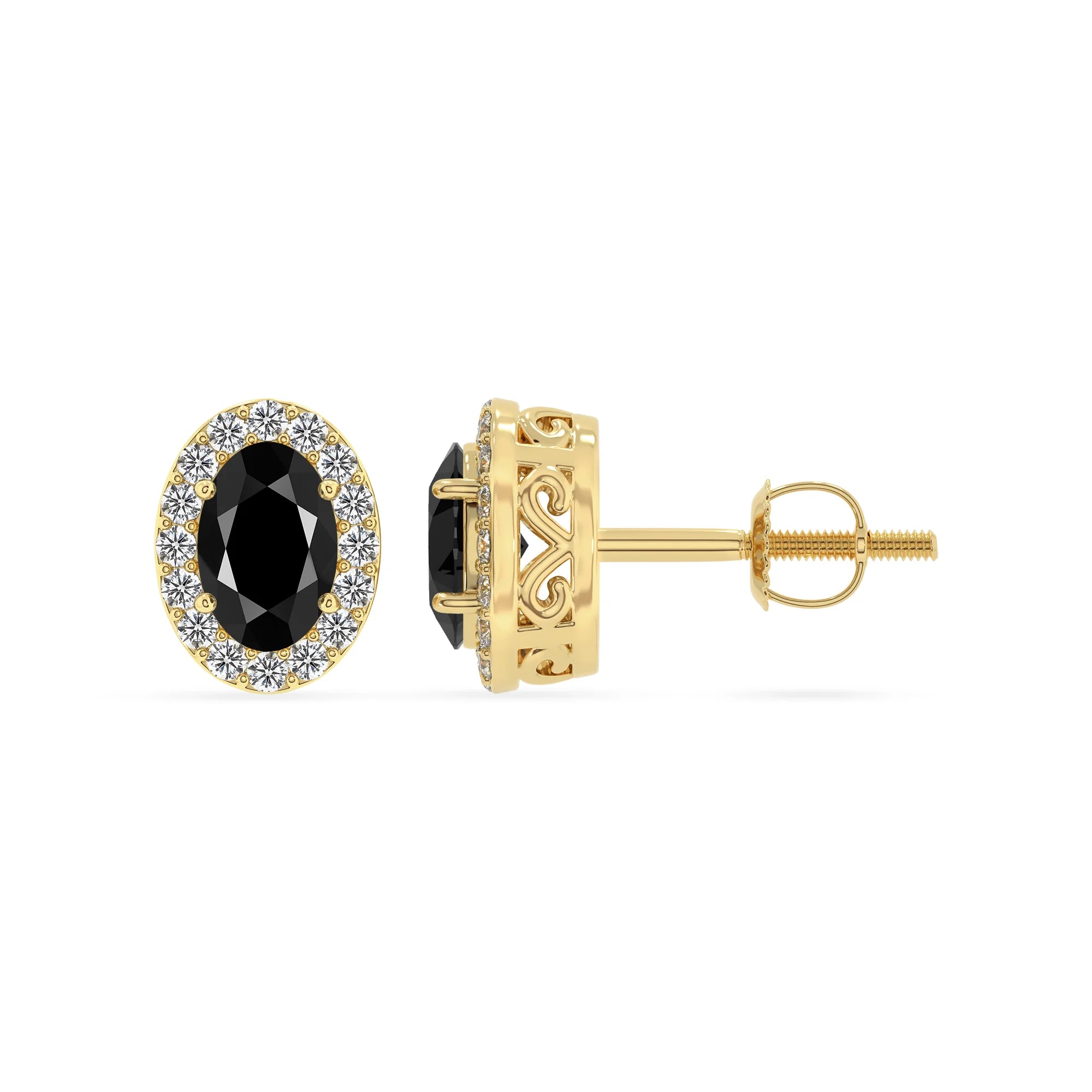 natural black onyx oval stud earrings in yellow gold