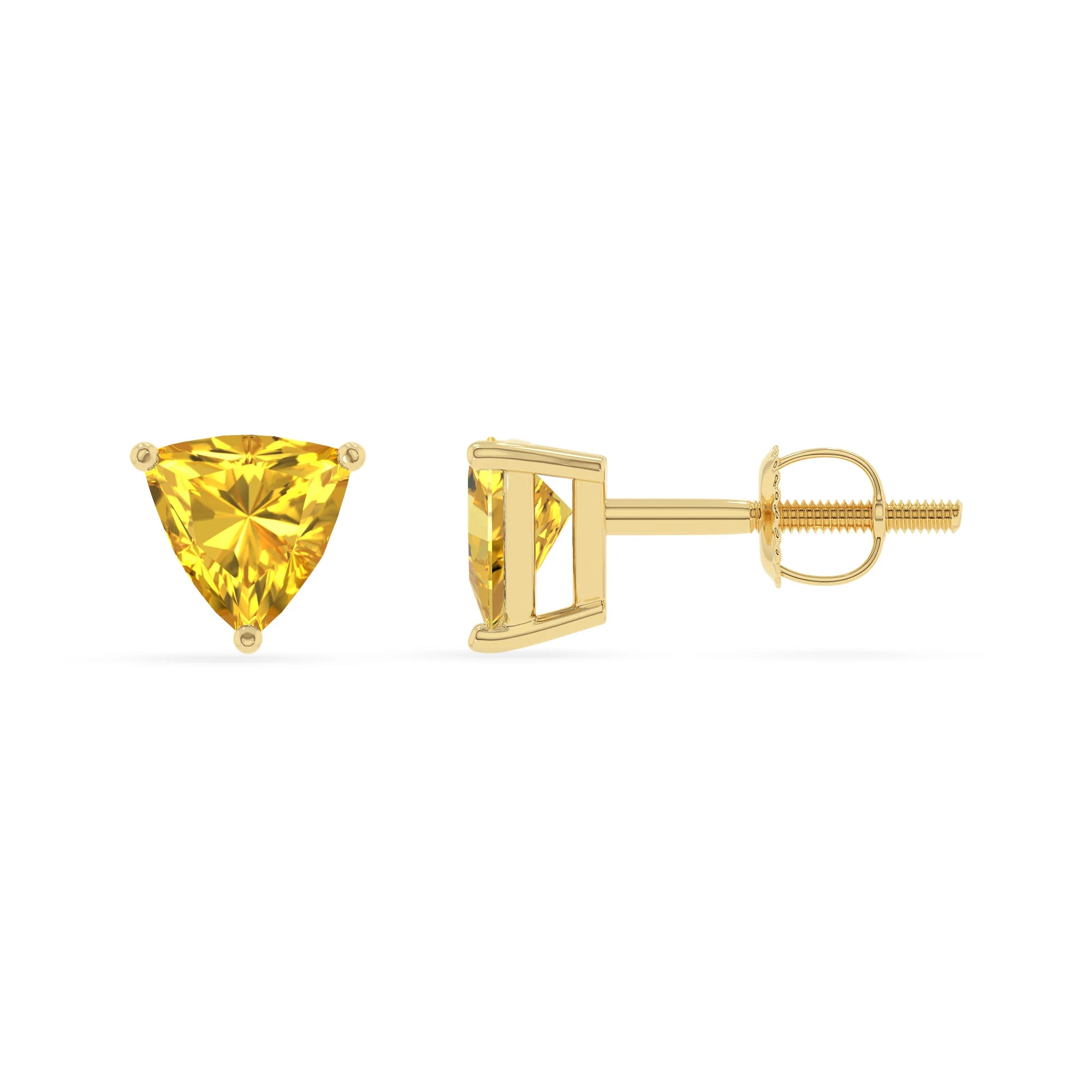 lab grown yellow sapphire trillion stud earrings in yellow gold