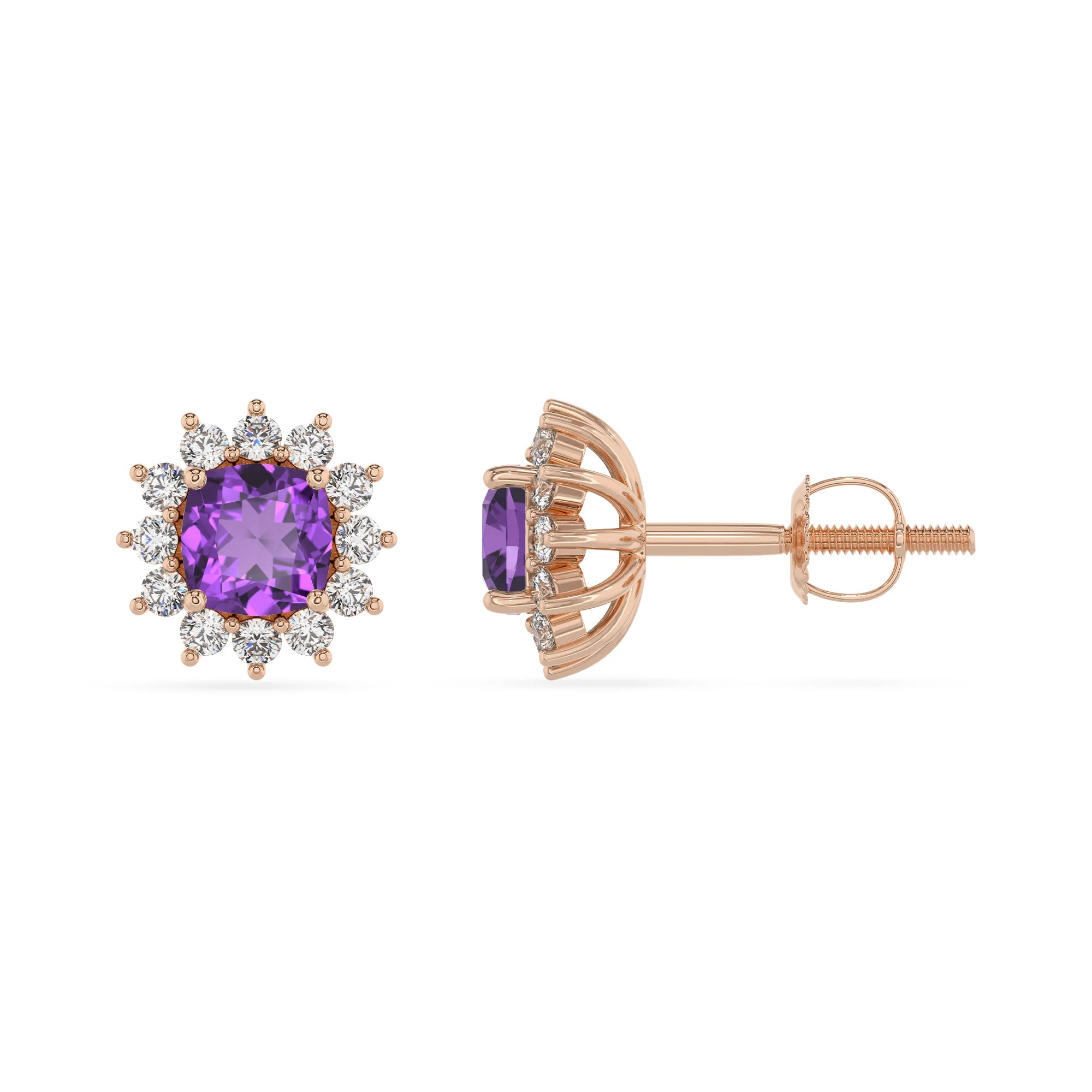 lab grown amethyst cushion stud earrings in rose gold