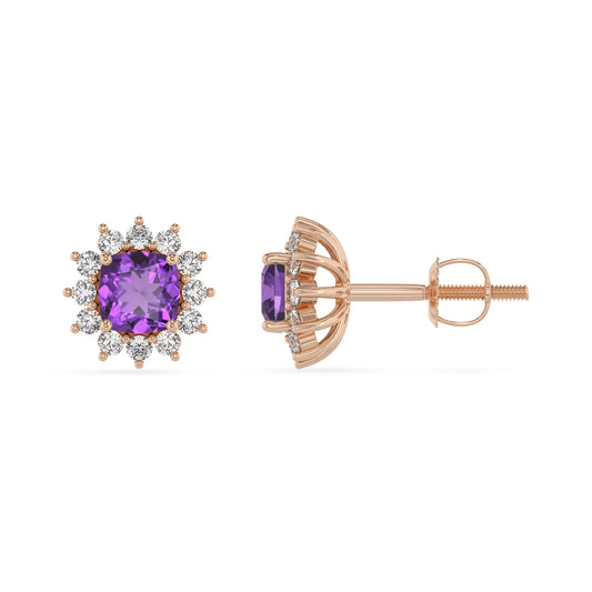 lab grown amethyst cushion stud earrings in rose gold