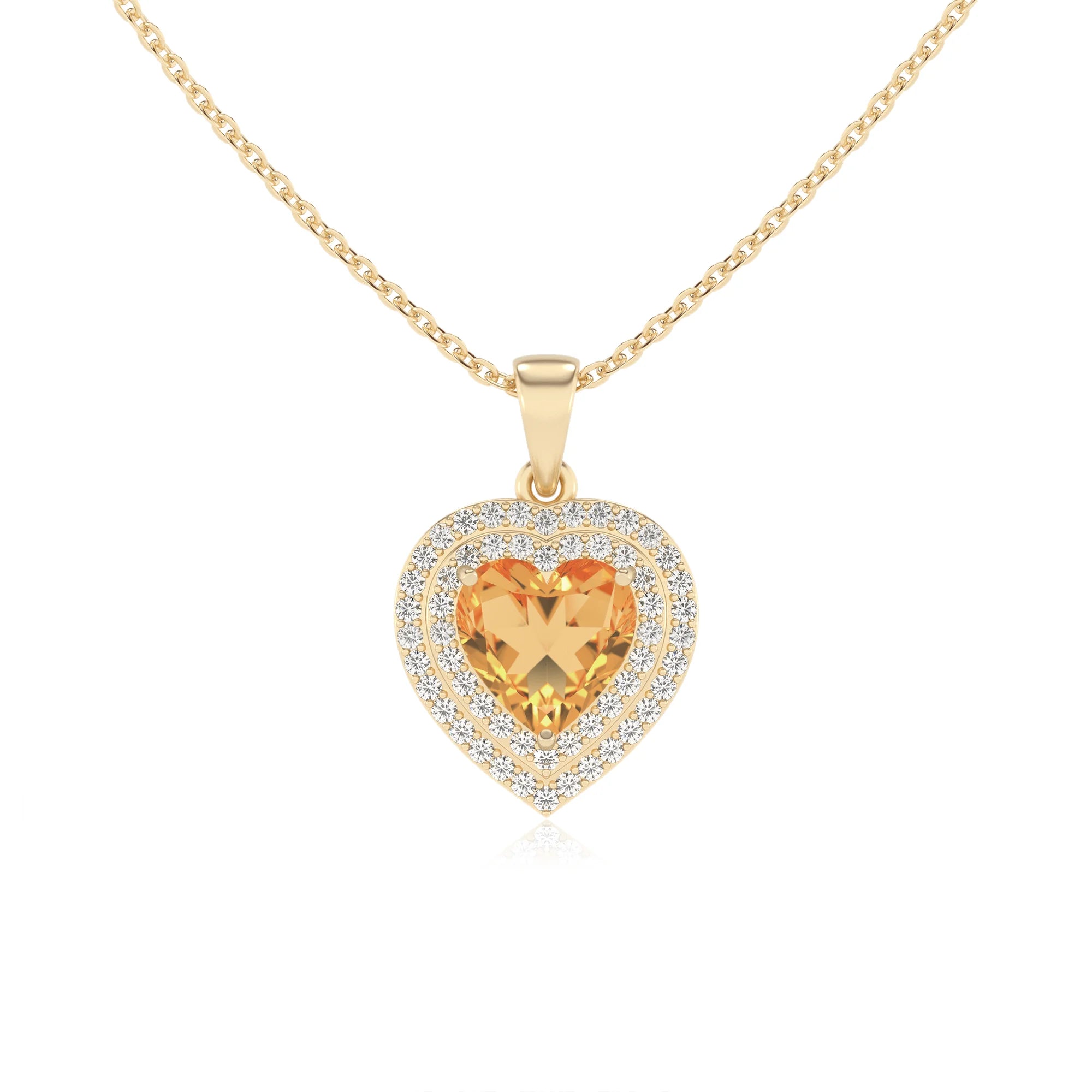 lab grown citrine heart halo necklaces in yellow gold