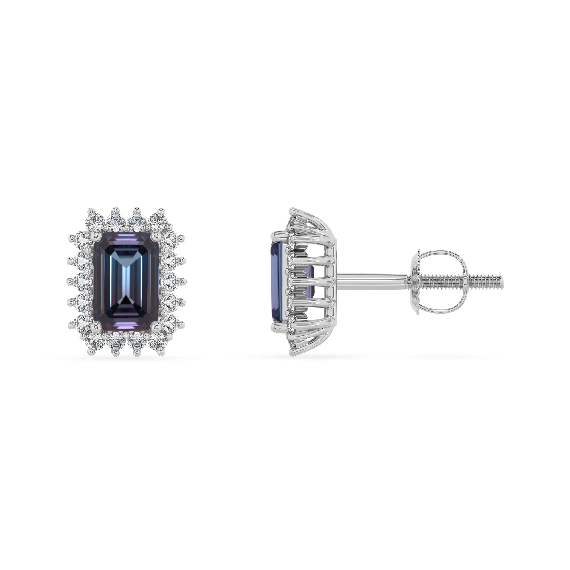 lab grown alexandrite emerald cut stud earrings in sterling silver