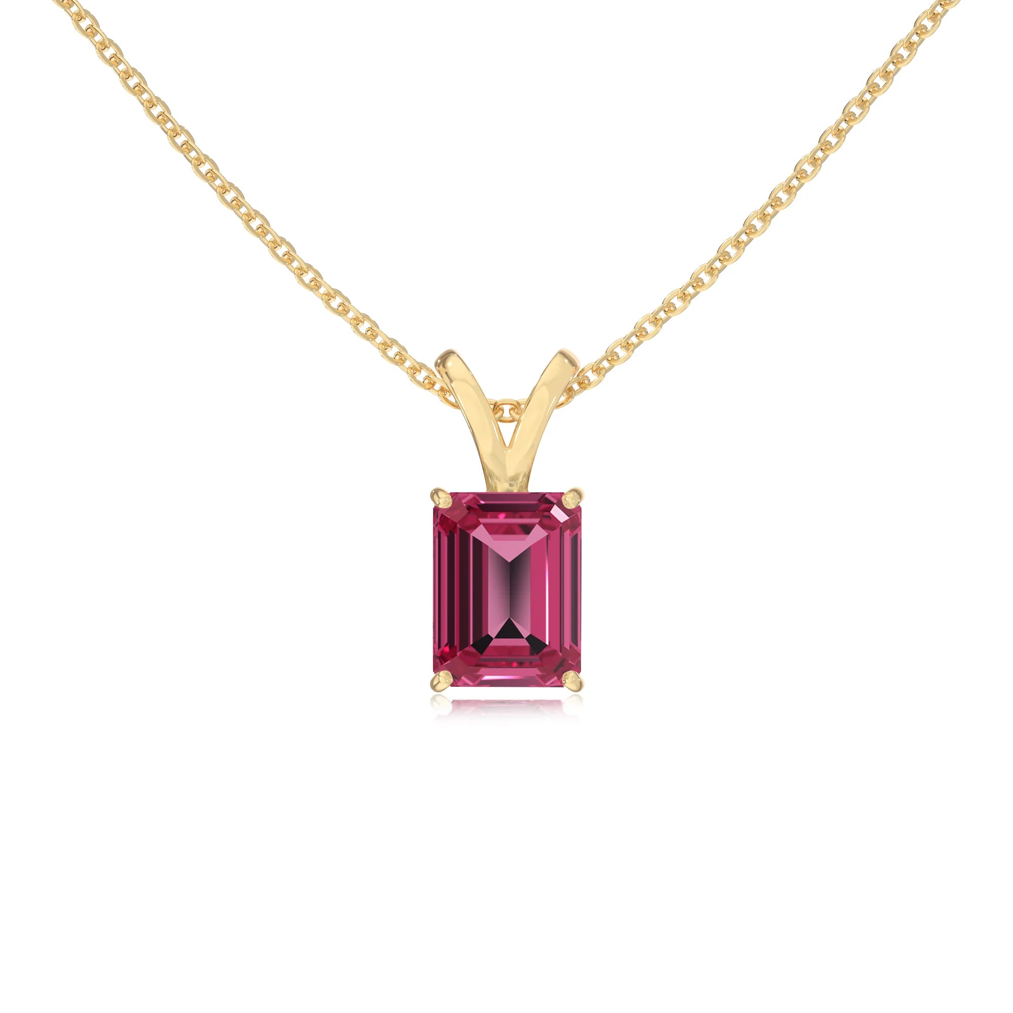 lab grown pink-tourmaline emerald cut solitaire v-bale necklaces in yellow gold