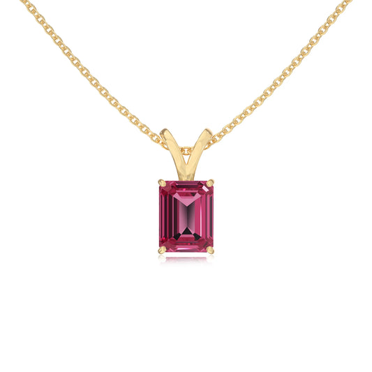 lab grown pink-tourmaline emerald cut solitaire v-bale necklaces in yellow gold