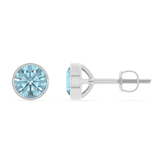 lab grown aquamarine round stud earrings in white gold