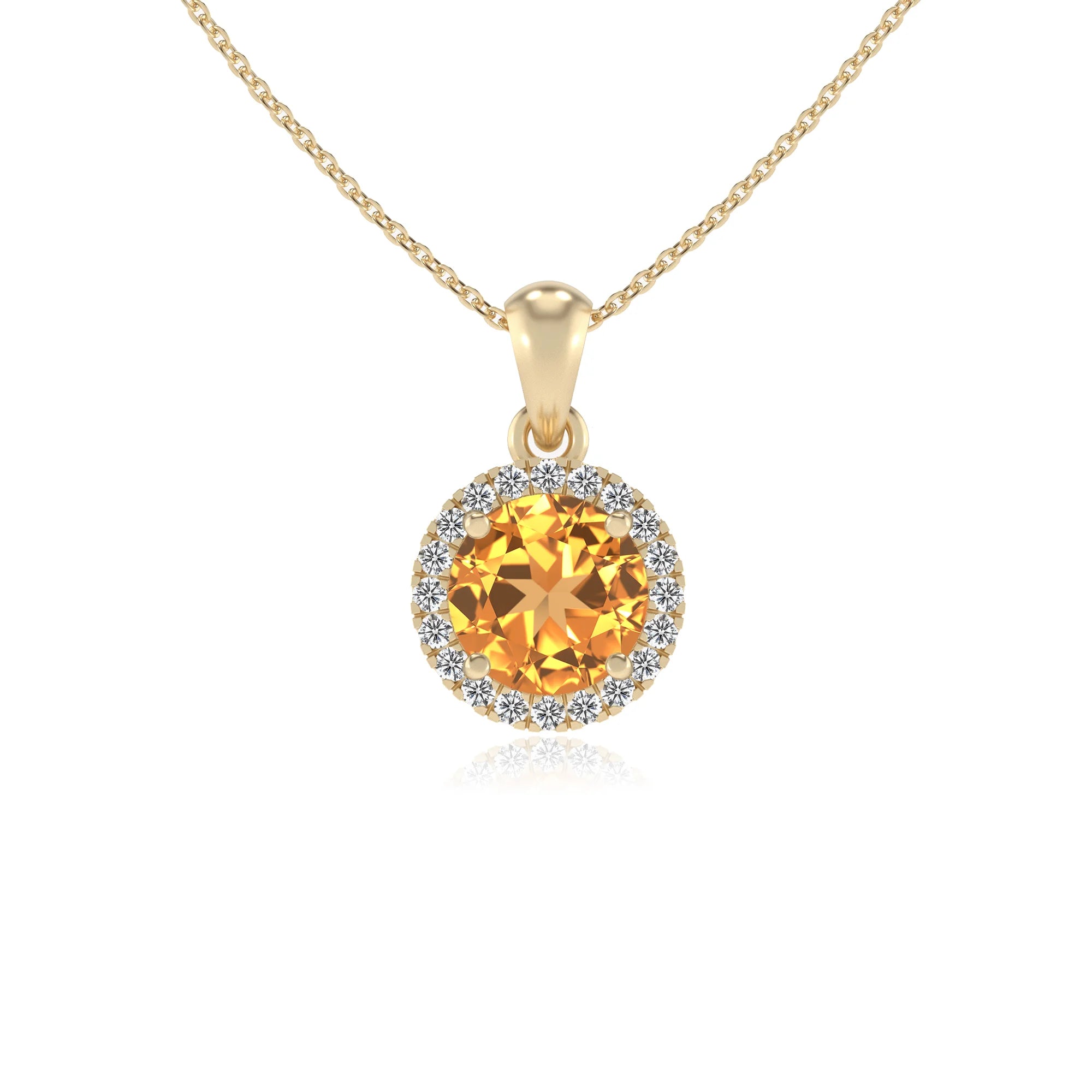 lab grown citrine round solitaire necklaces in yellow gold
