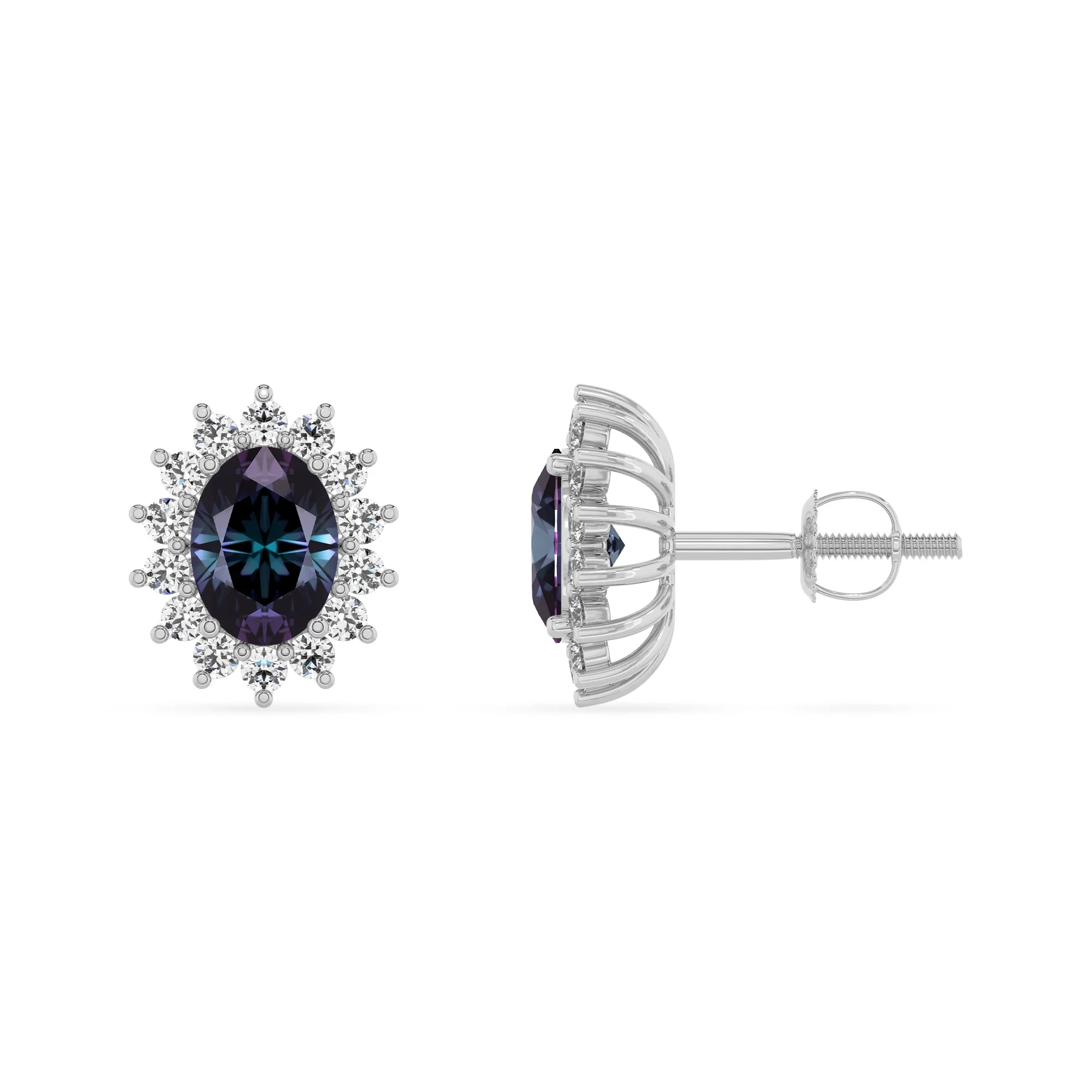 lab grown alexandrite oval stud earrings in white gold