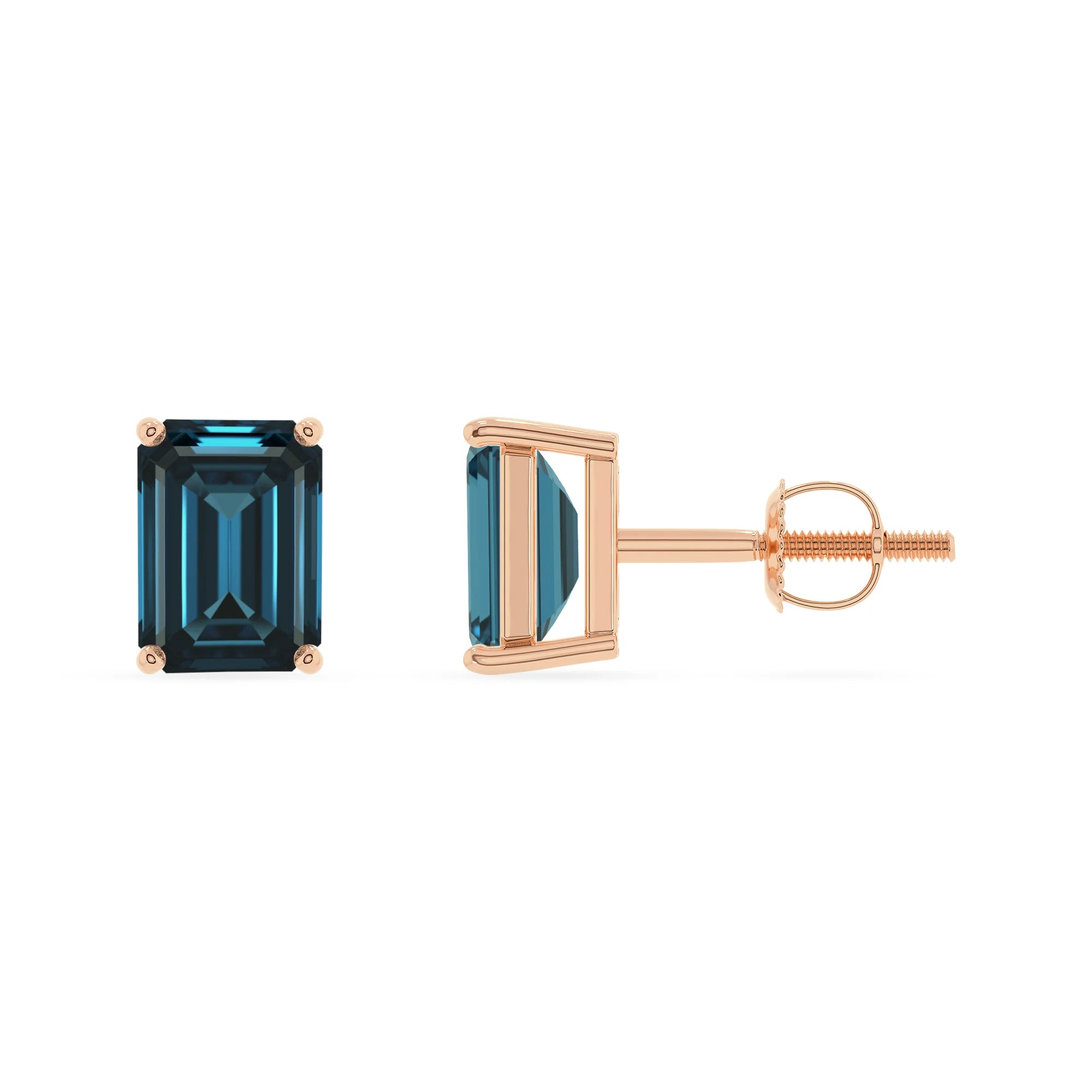 natural london blue topaz emerald cut stud earrings in rose gold