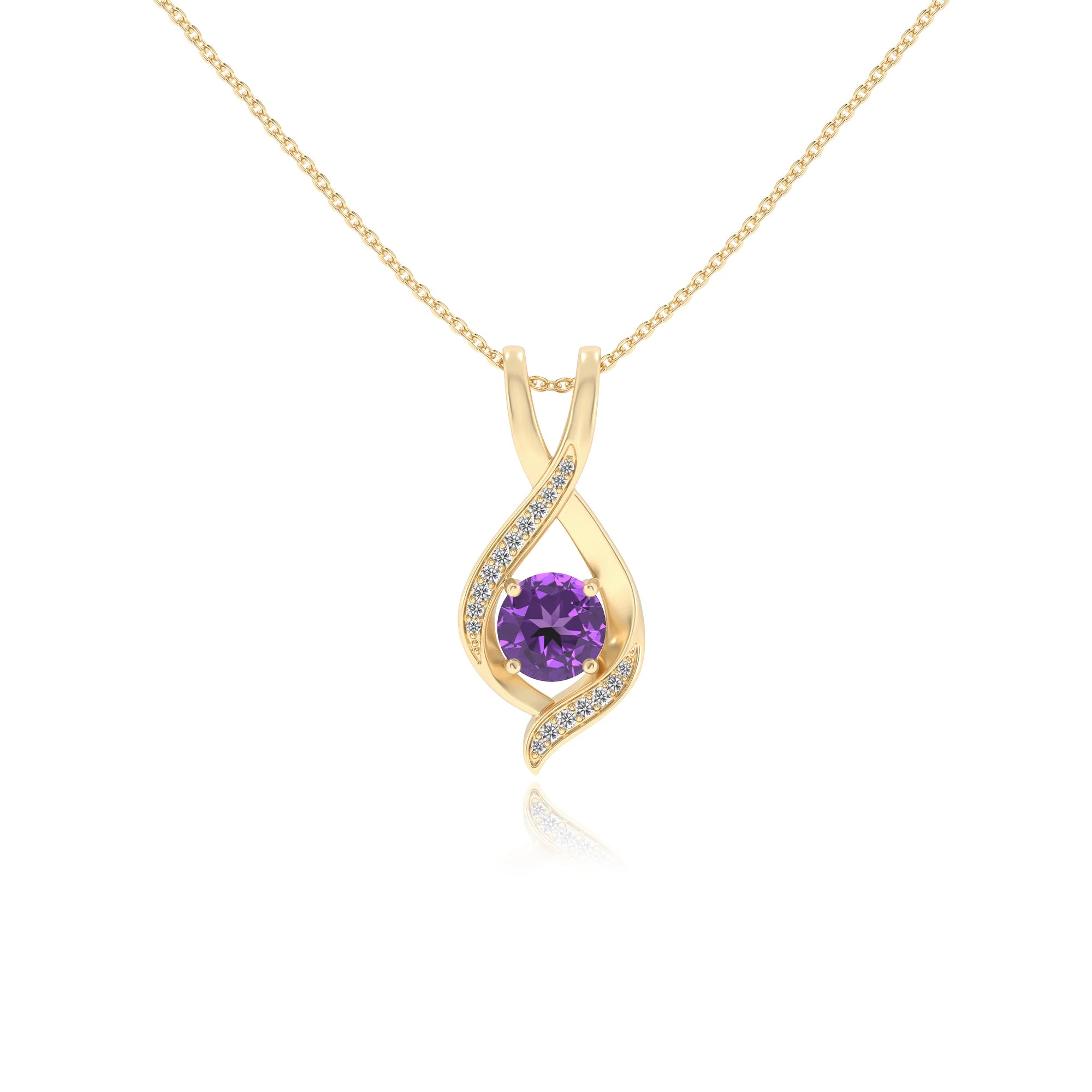 lab grown amethyst round solitaire necklaces in yellow gold