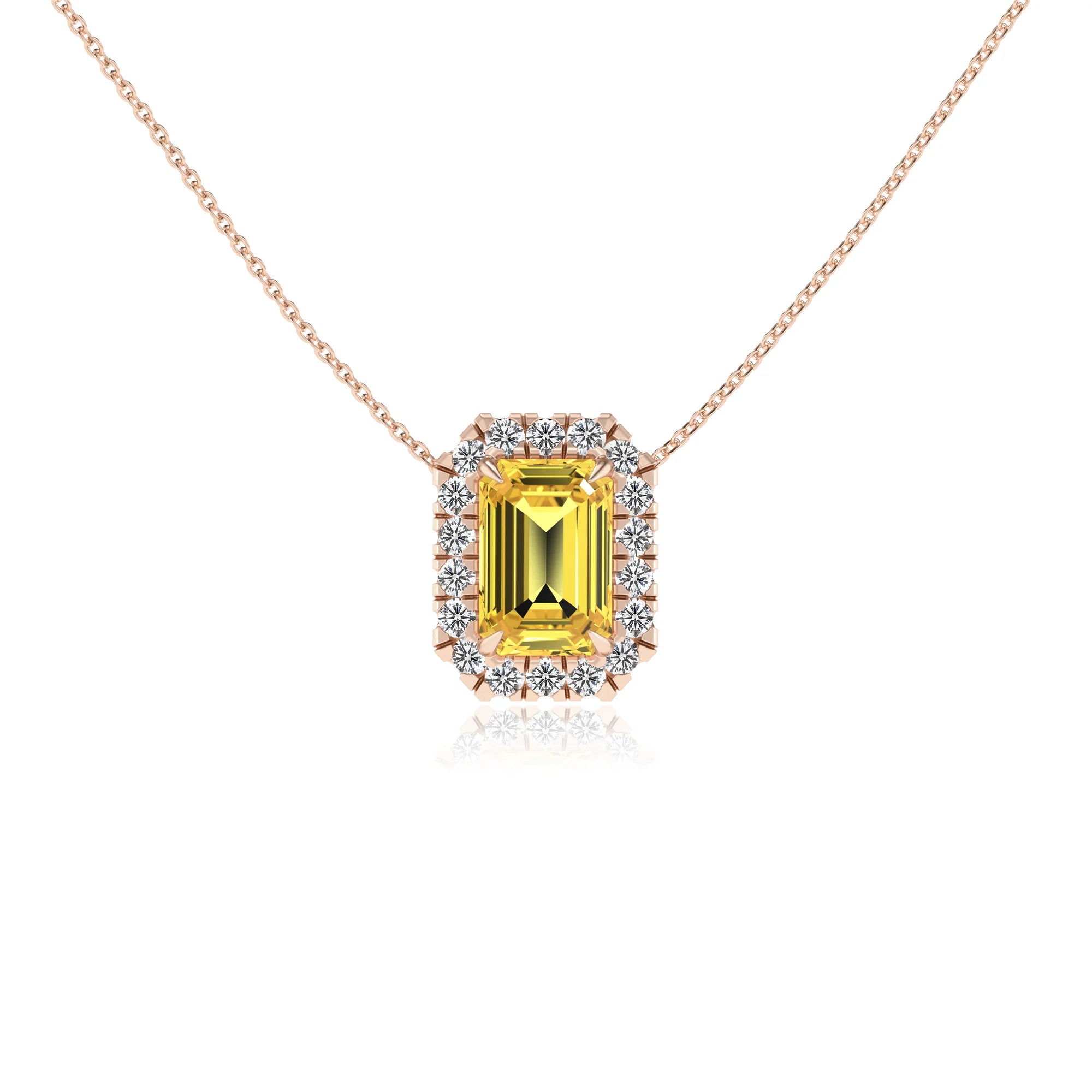lab grown yellow sapphire emerald cut solitaire necklaces in rose gold