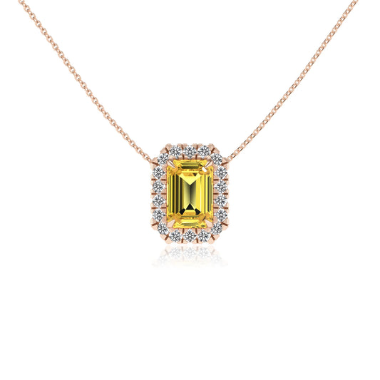lab grown yellow sapphire emerald cut solitaire necklaces in rose gold