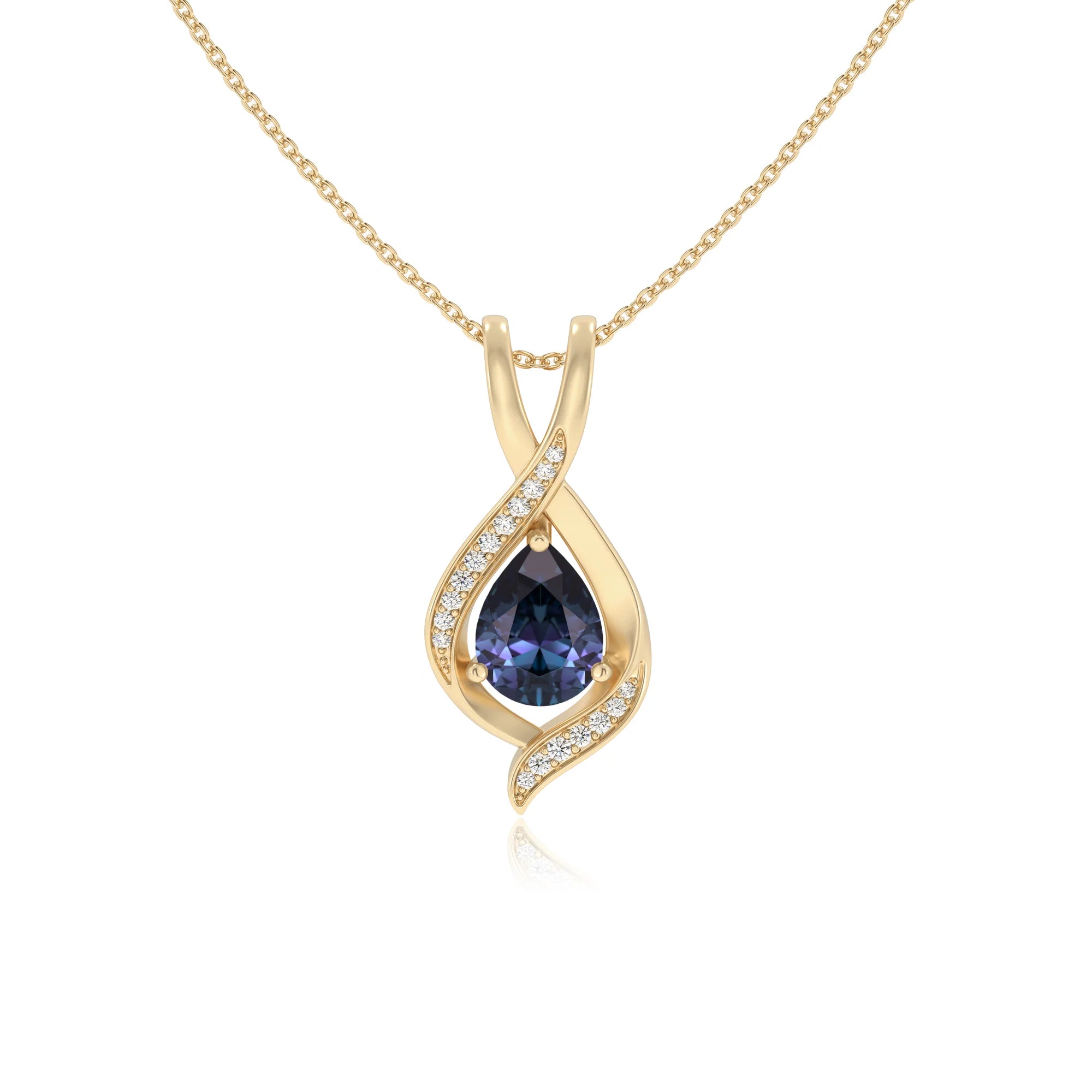lab grown alexandrite pear solitaire necklaces in yellow gold