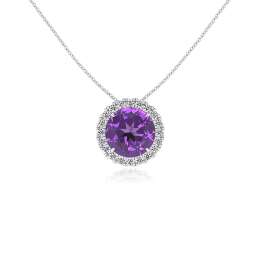 lab grown amethyst round solitaire necklaces in sterling silver