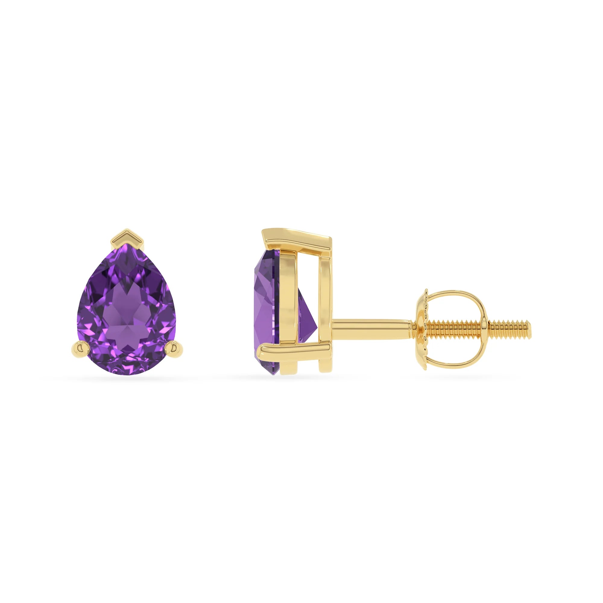 lab grown amethyst pear stud earrings in yellow gold