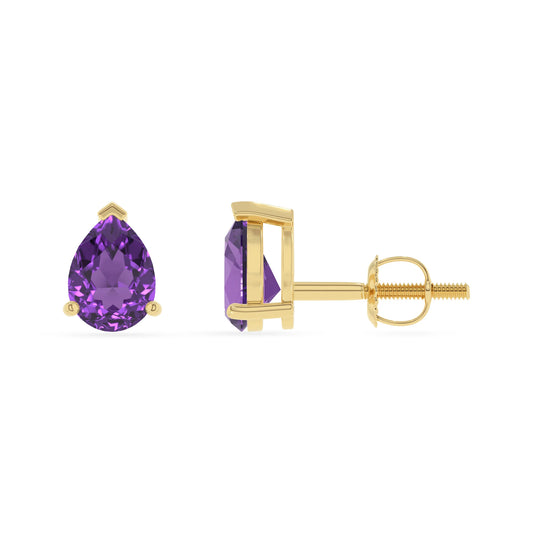 lab grown amethyst pear stud earrings in yellow gold