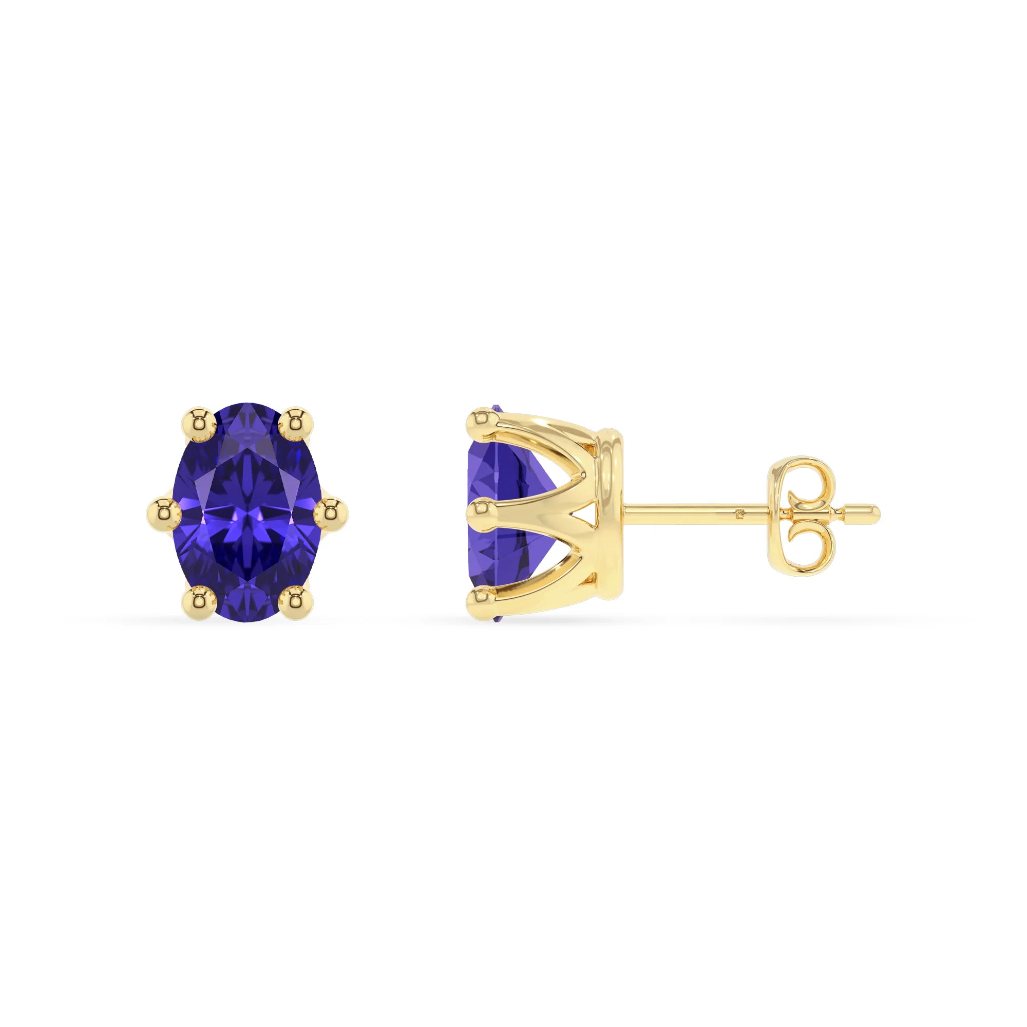 lab grown tanzanite oval stud earrings in yellow gold