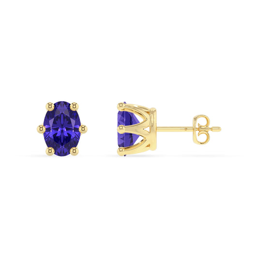 lab grown tanzanite oval stud earrings in yellow gold