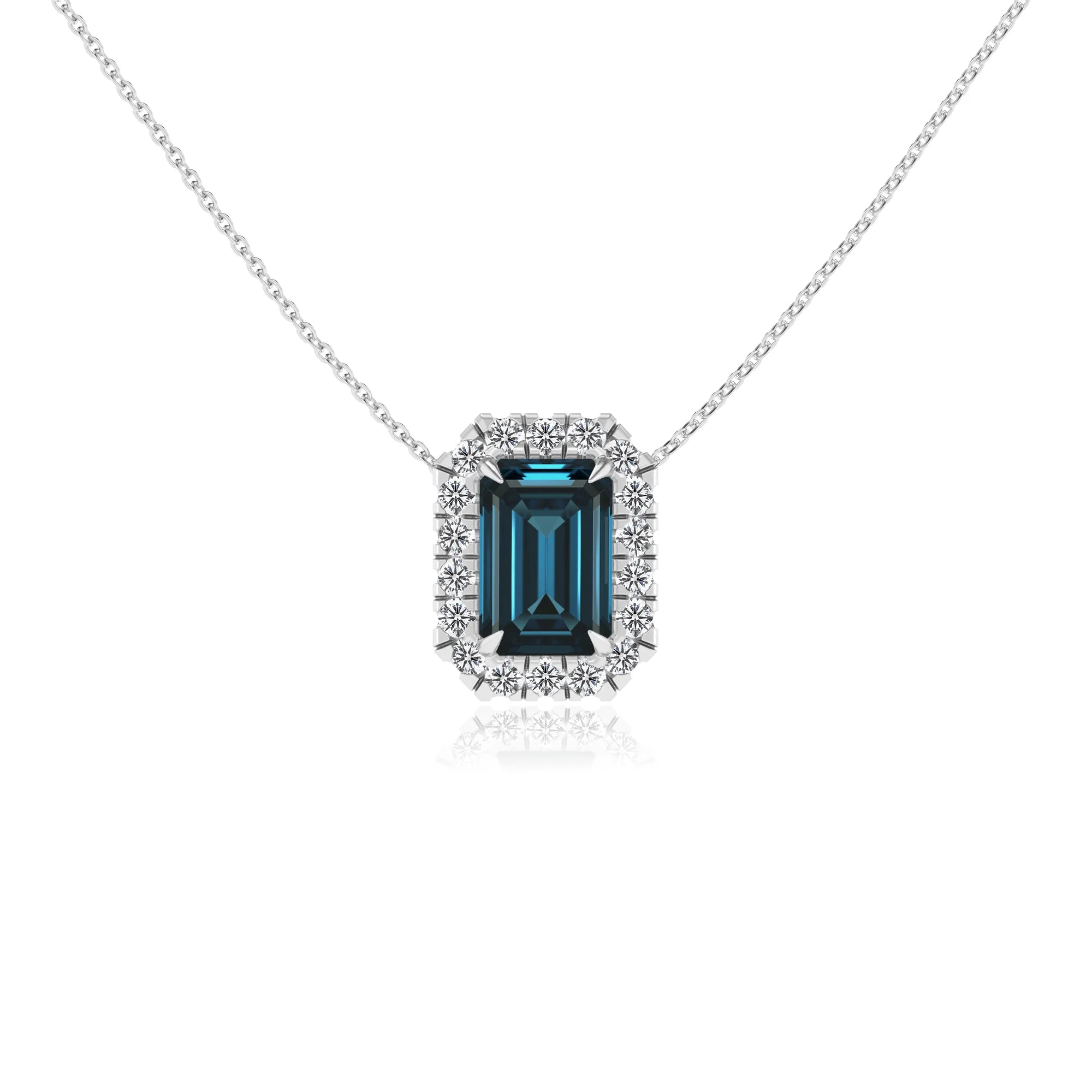 natural london blue topaz emerald cut solitaire necklaces in platinum