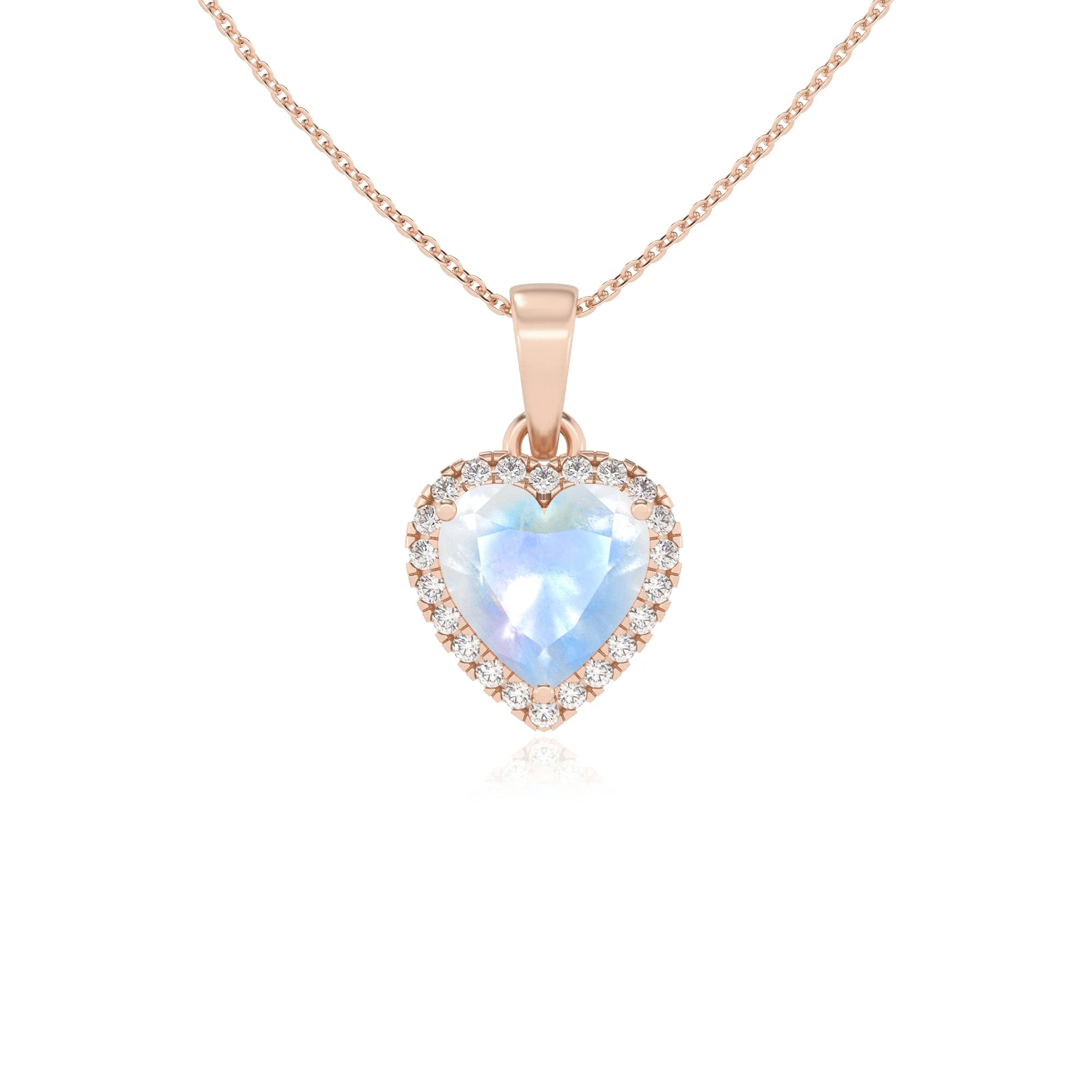 natural rainbow-moonstone heart solitaire necklaces in rose gold