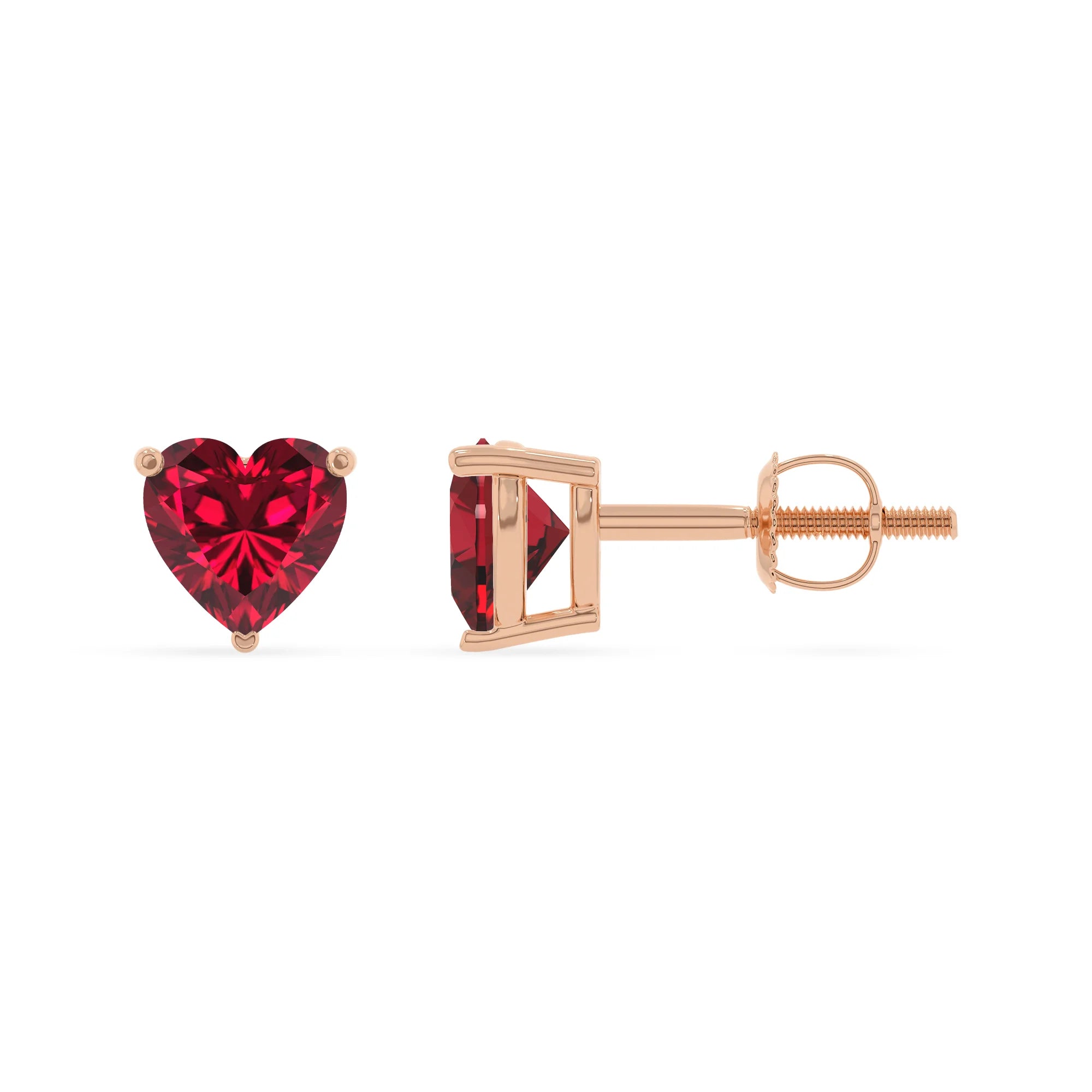 lab grown ruby heart stud earrings in rose gold