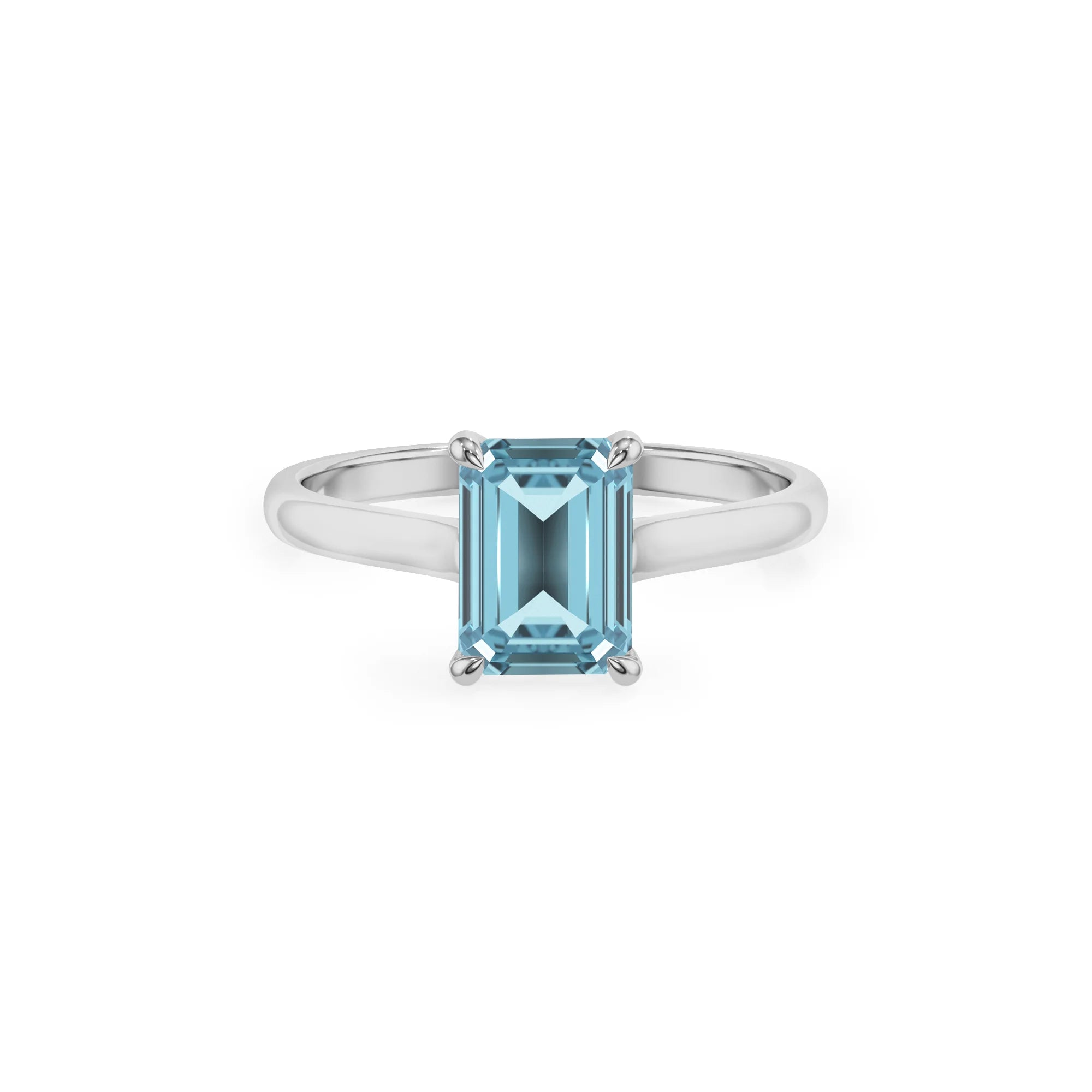 lab grown aquamarine emerald cut solitaire rings in white gold