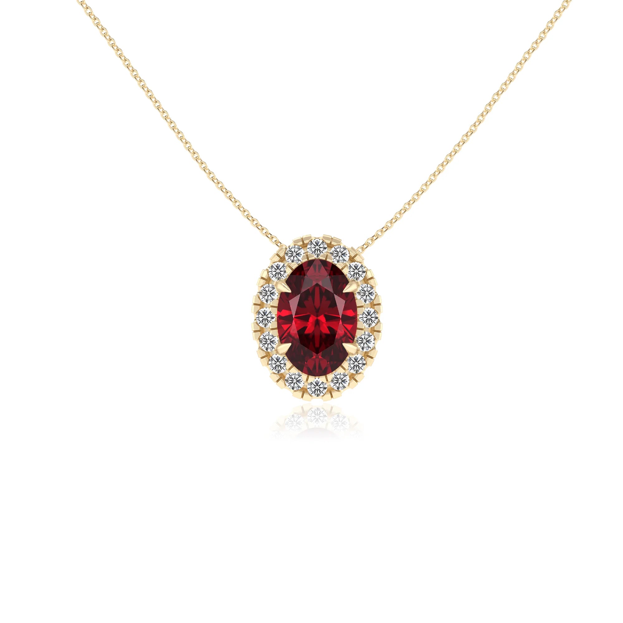 lab grown ruby oval solitaire necklaces in yellow gold