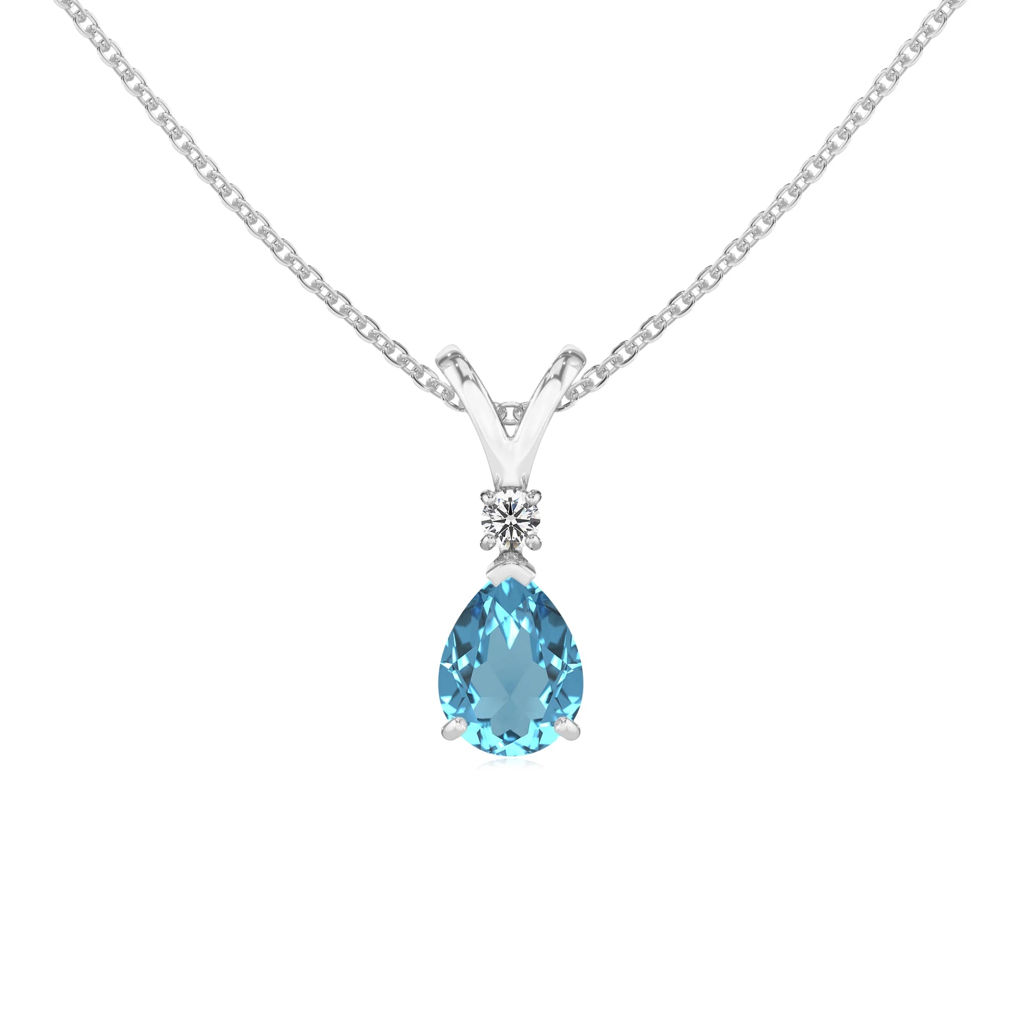 natural swiss-blue-topaz pear solitaire v-bale necklaces in white gold