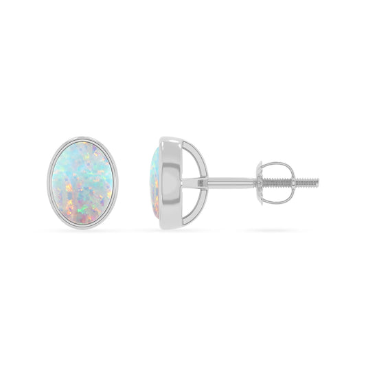 lab grown opal oval stud earrings in white gold