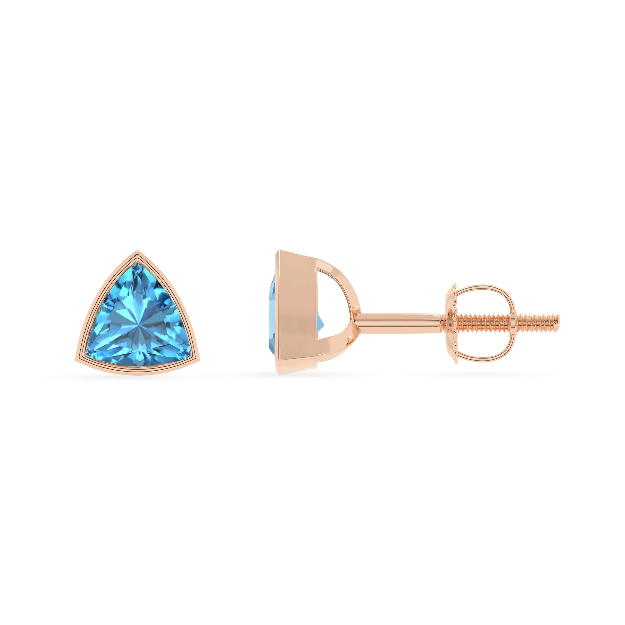 natural swiss blue topaz trillion stud earrings in rose gold