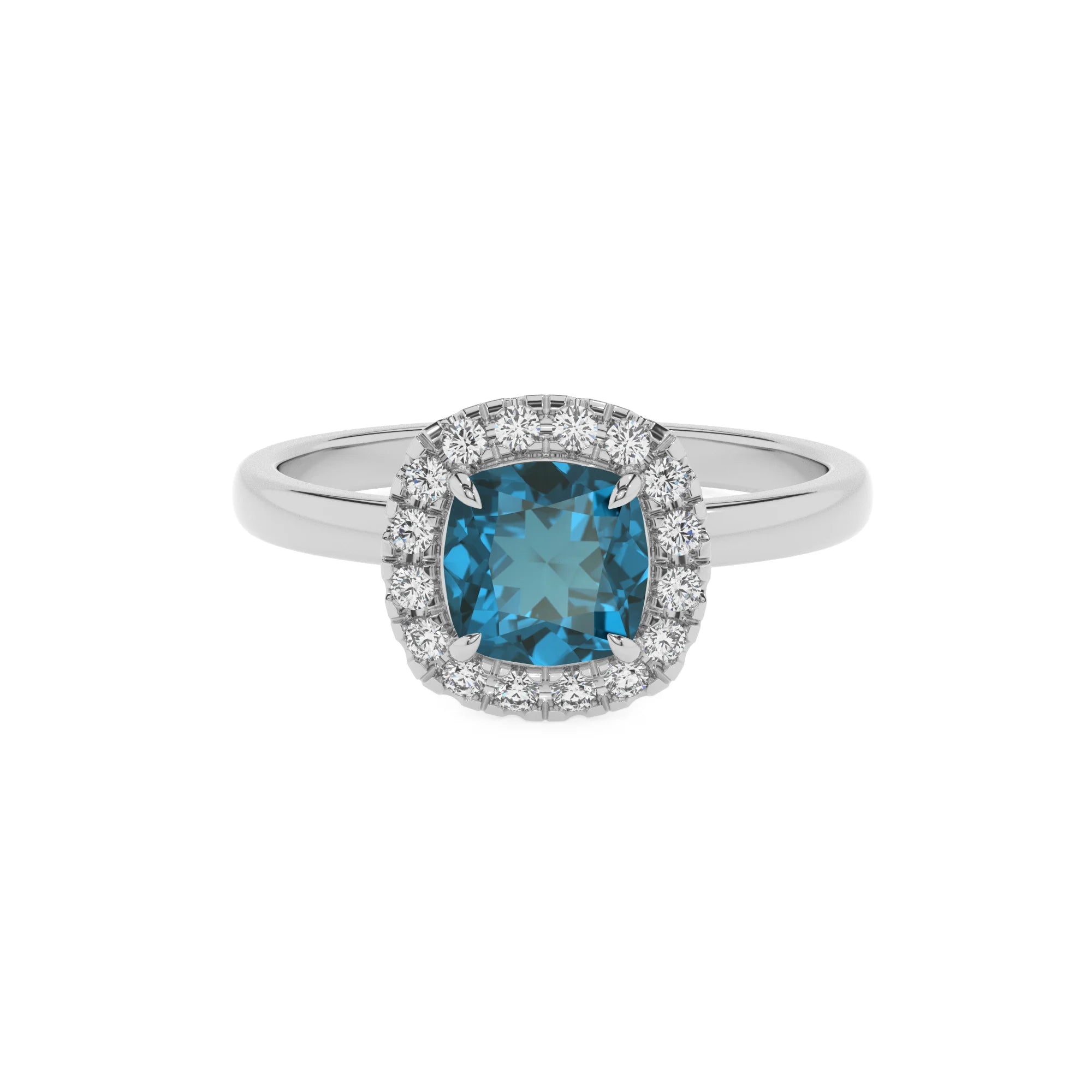 natural london-blue-topaz cushion solitaire rings in white gold