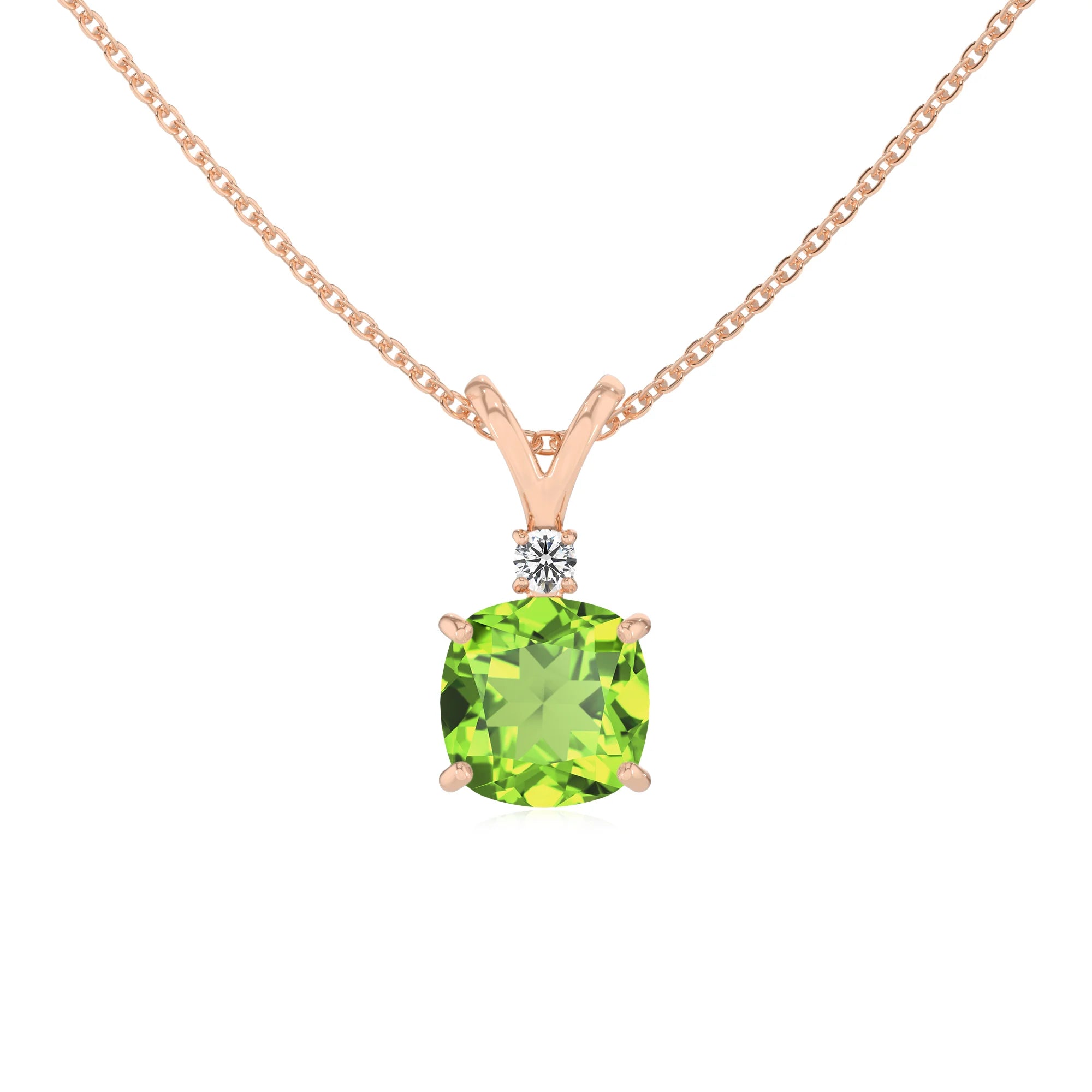 natural peridot cushion solitaire v-bale necklaces in rose gold