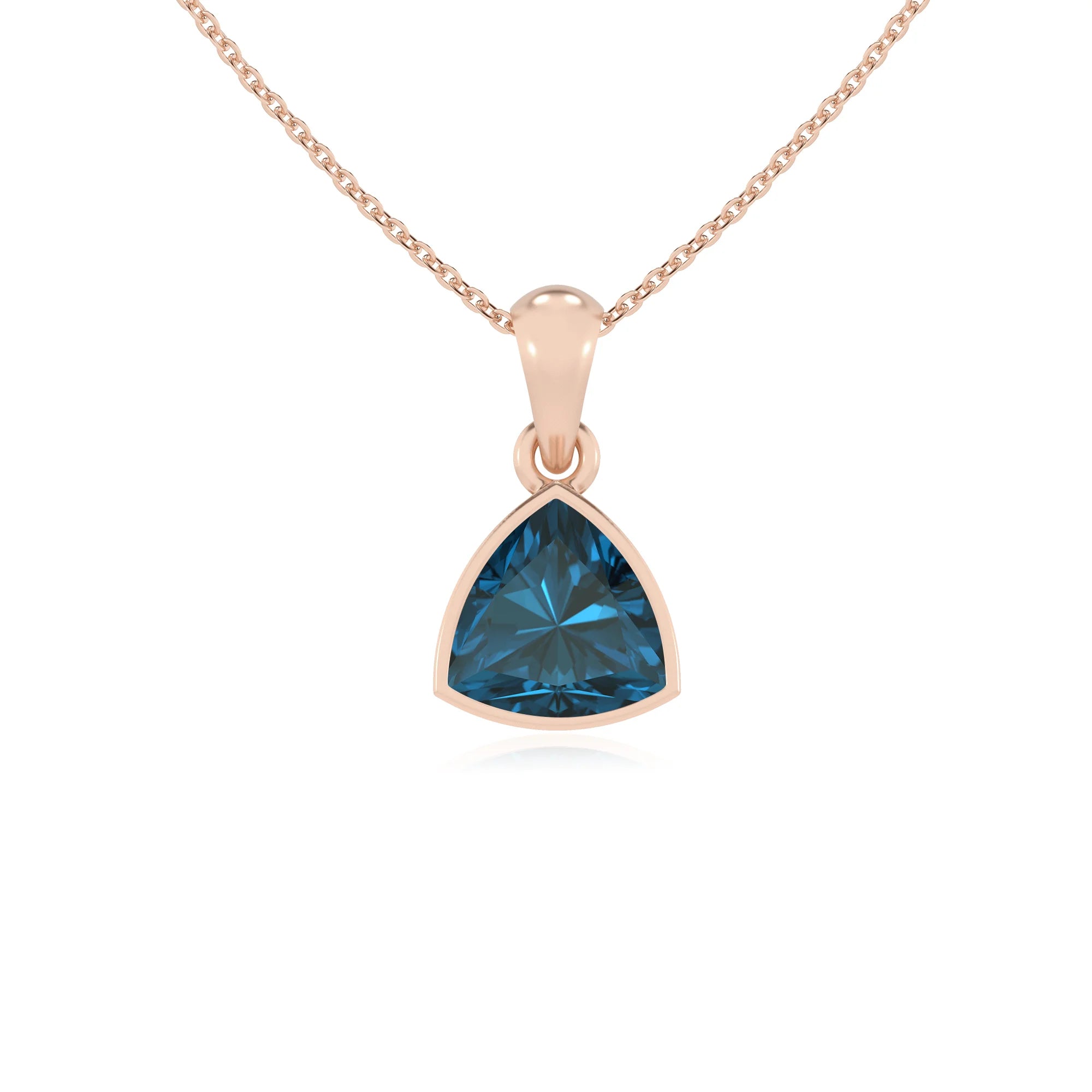 natural london-blue-topaz trillion solitaire necklaces in rose gold